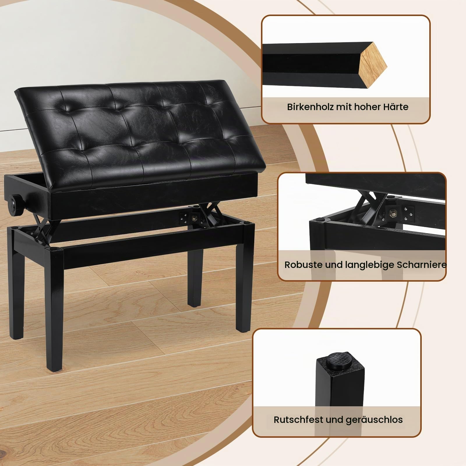 Clevich Klavierhocker Höhenverstellbar 48-58CM, Pianobank mit Stauraum 73× 34× 48cm, Klavierbank mit PU Lederkissen, Klavierstuhl Heavy Duty, Tastatur Piano Bench bis 200KG Belastbar, Schwarz