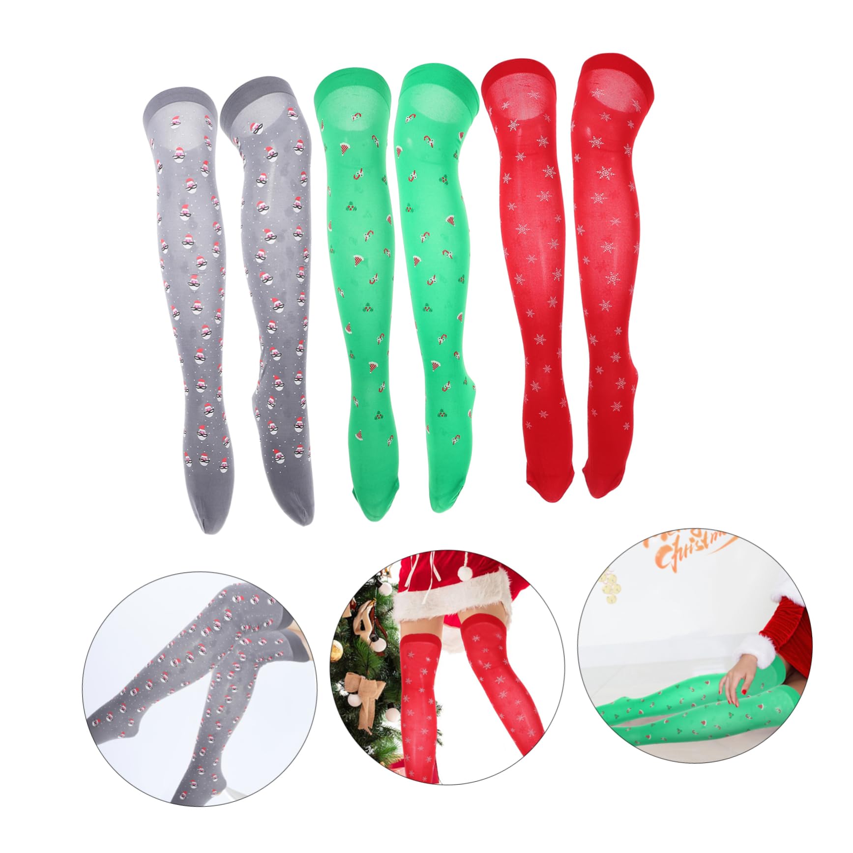 3 Paires Chaussettes de Noël Imprimées Over Knee pour Femmes Chaussettes Longues Rayées Festives Confortables et Respirantes pour Fête et Cosplay