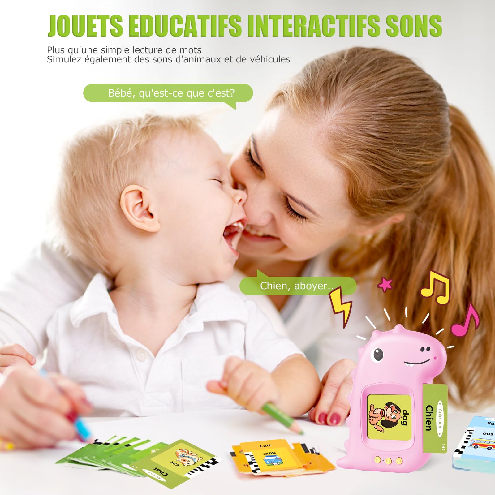 Talking Flash Cards Schede Flash Cards Parlanti Flash Cards Flash Cards Bambini Giocattoli Educativi per Bambini 2 3 4 5 6 Anni Autismo Giochi Regali di Compleanno Giochi Montessori(Rosa Francese)