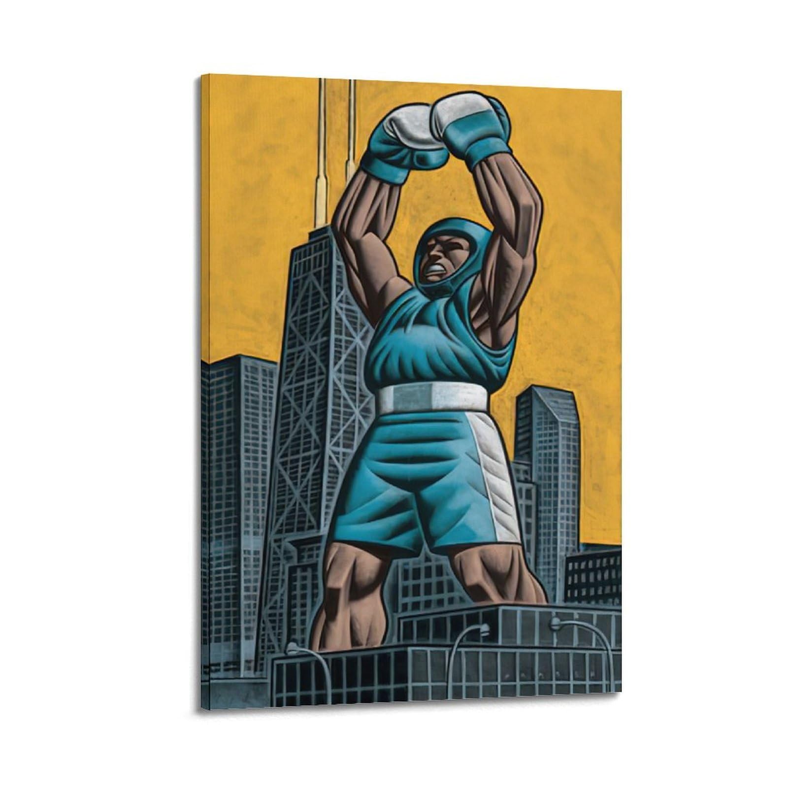 WIZIGM Impression sur toile style bande dessinée avec cadre - Style sportif - Boxer célébrant sur un gratte-ciel - Décoration murale moderne - 40 x 60 cm