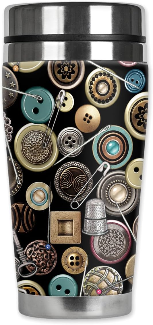 Mugzie "Safety Pins" Stainless Steel Travel Mug with Insulated Wetsuit Cover, 20 oz, Black