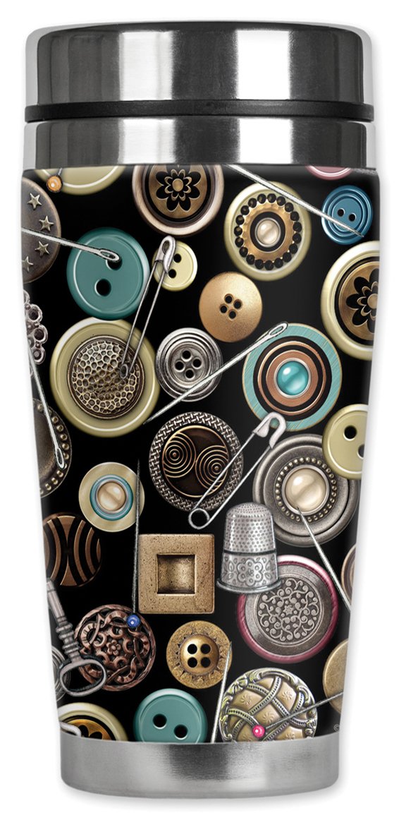 Mugzie "Safety Pins" Stainless Steel Travel Mug with Insulated Wetsuit Cover, 20 oz, Black