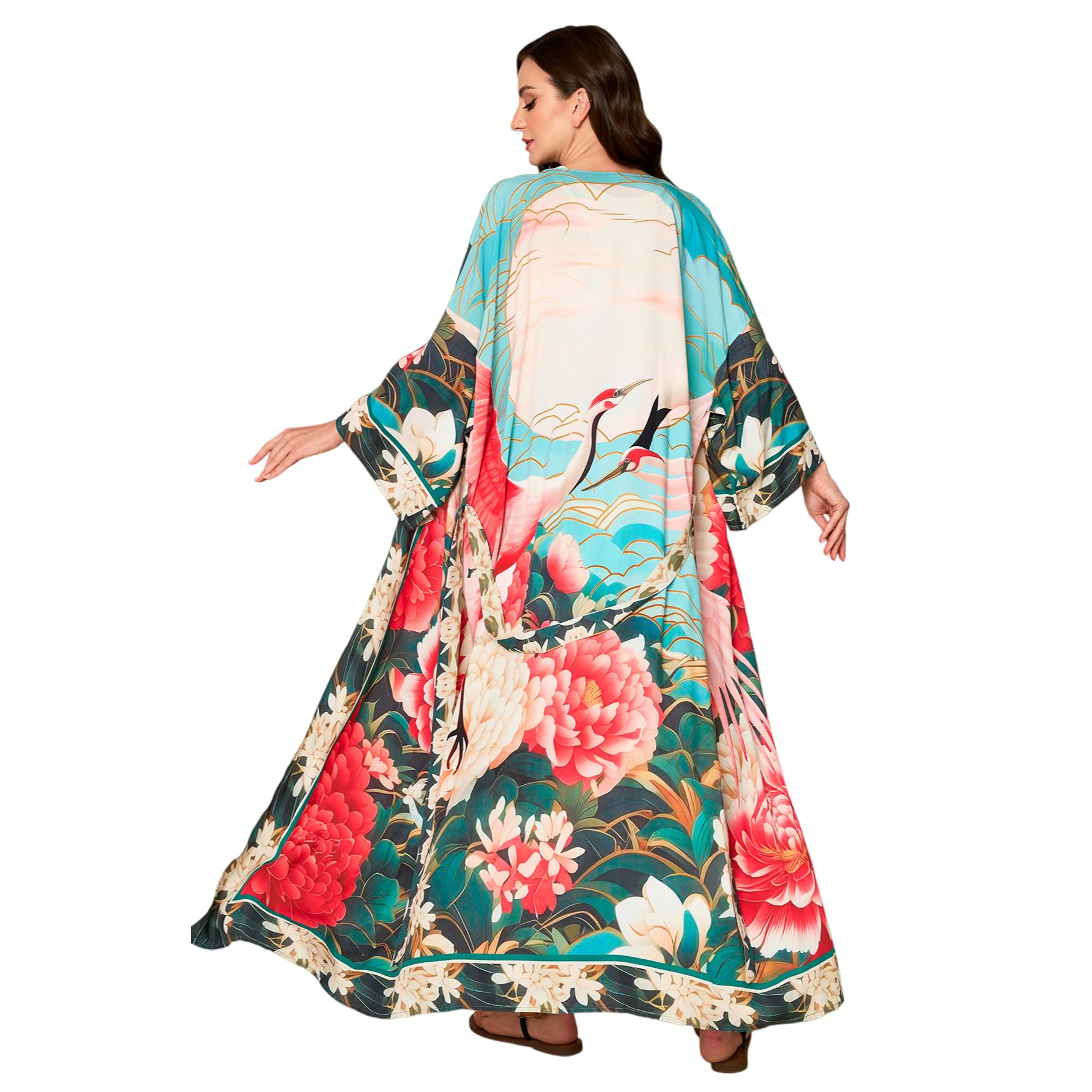 Swimsuit Coverups for Women Long Kimonos Robes Peocock Flower Printed Boho Beach Cover Ups Summer Holiday Sarong Wraps-image-40