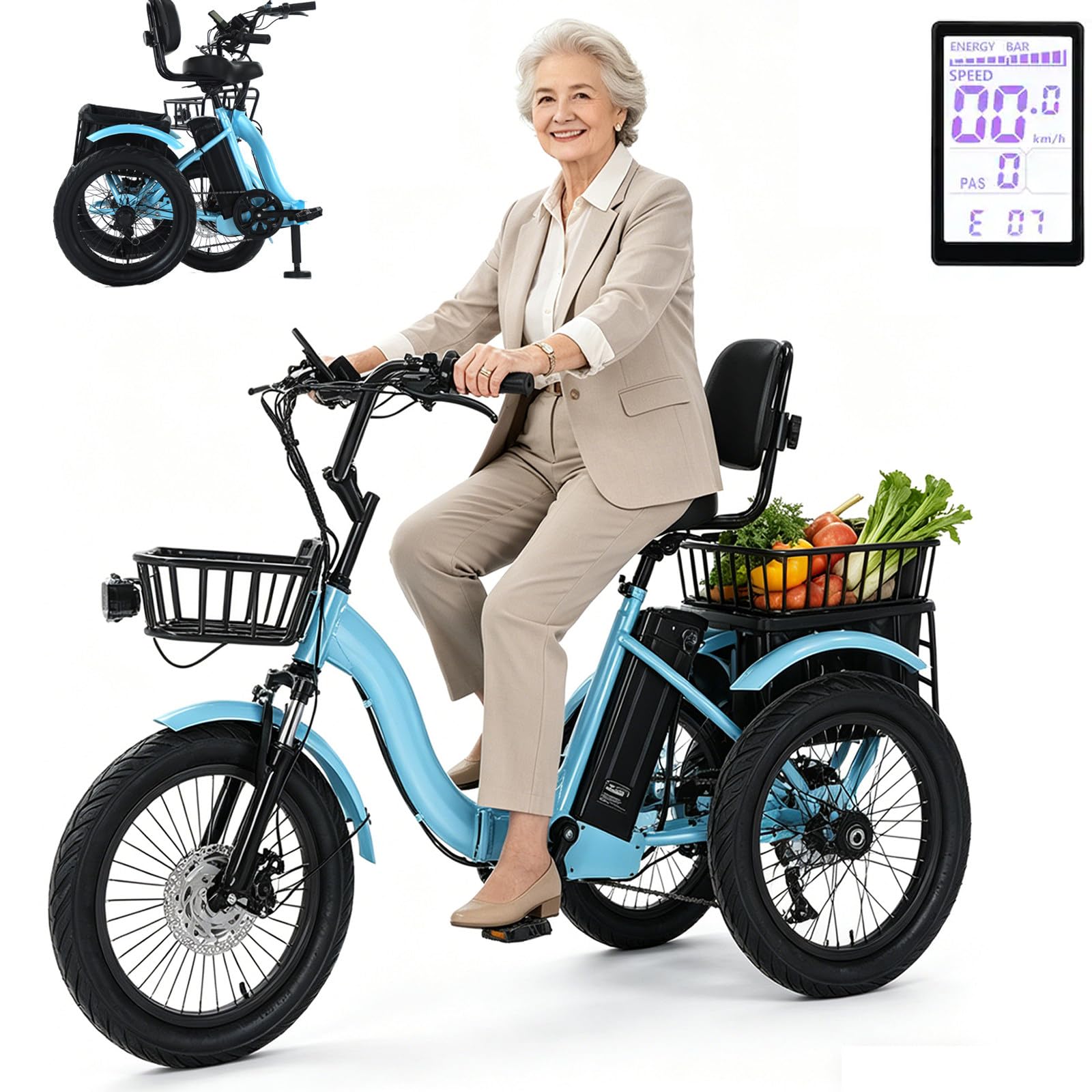 18 Pollici Triciclo Bici Elettrica A 3 Ruote Pieghevole Elettrica per Adulti con Cestino Portaoggetti Pneumatici Larghi per Adulti Pieghevole, Facile da Scalare capacità di Carico 30 kg A