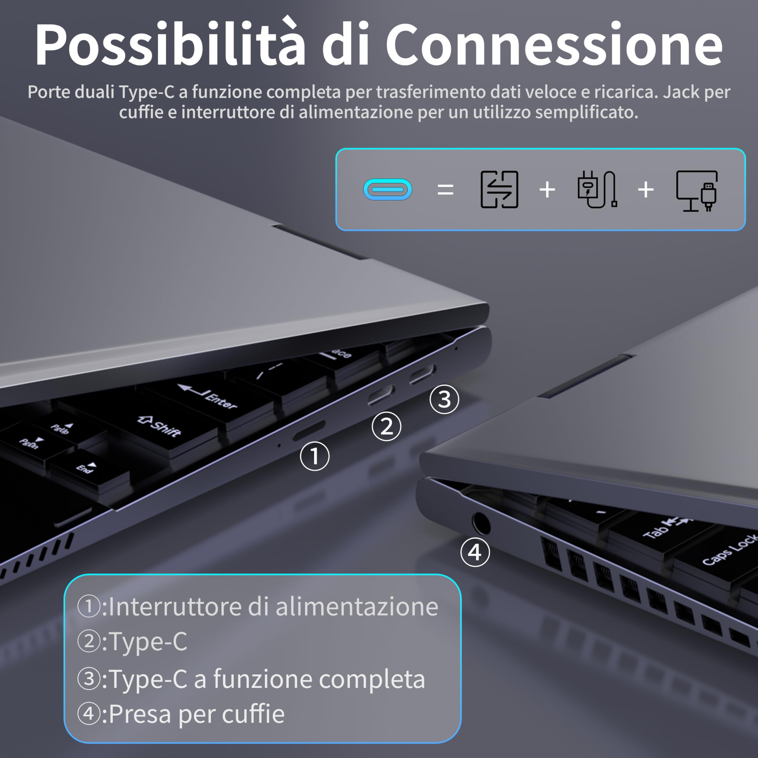Amita Convertibile 2 in 1 11" FHD Touchscreen, Processore N95 12ª Gen (fino a 3.4 GHz), 16GB RAM DDR5, 512GB SSD, Porta Type-C, Rotazione 360°, Tastiera retroilluminata (Grigio, 512GB) - 4