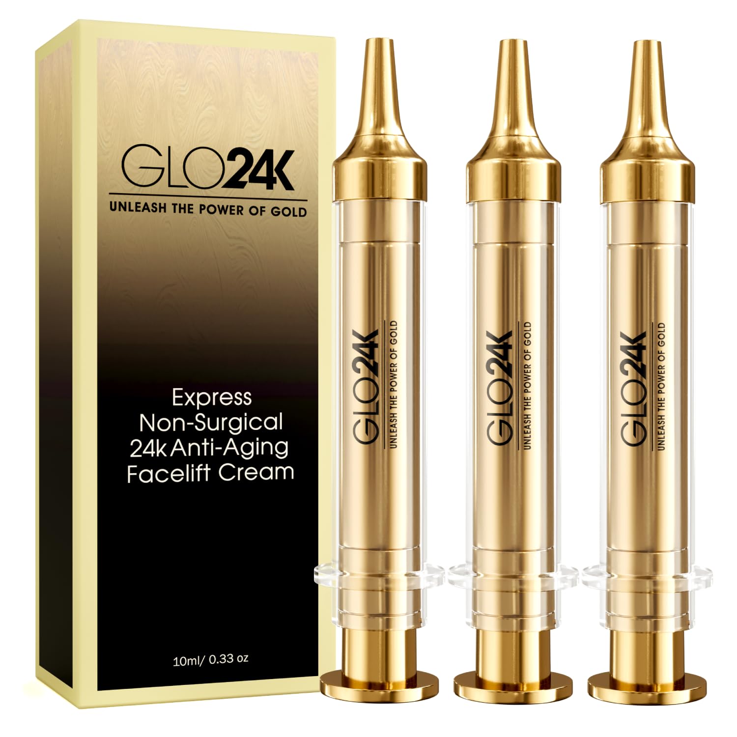 GLO24K Instant Facelift Cream with 24k Gold, Hyaluronic Acid, Peptides, and Vitamins. Value Pack of 3. A powerful non-invasive alternative to
