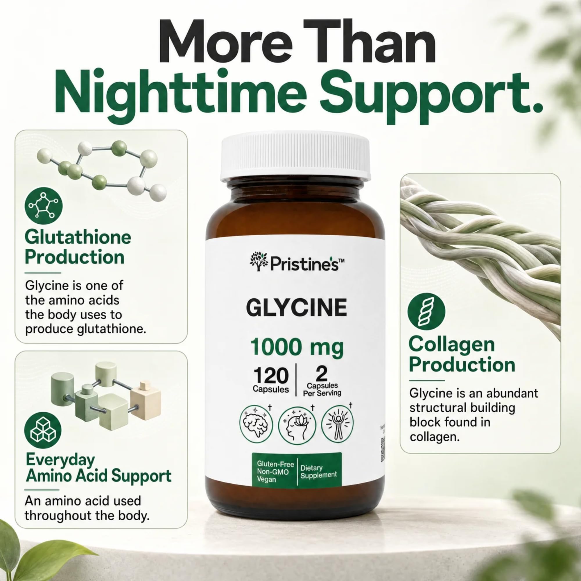 PRISTINE'S Glycine 1000mg Capsules Amino Acid for Sleep & Collagen Support