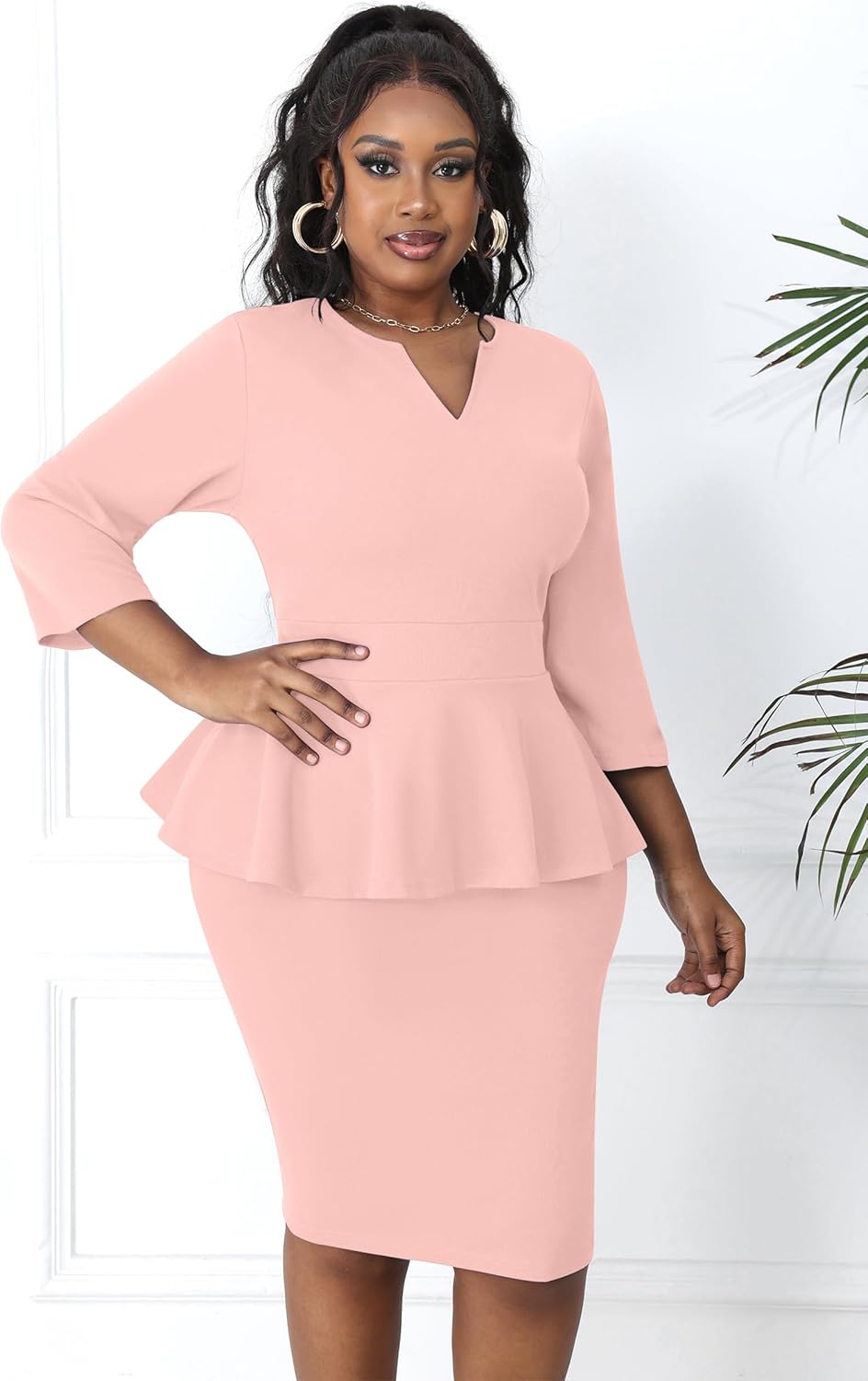 Runwind Plus Size Dresses for Curvy Women, Work Church Professional Office Vintage Peplum Pencil Dress V Neck 3/4 Sleeve - Image 4