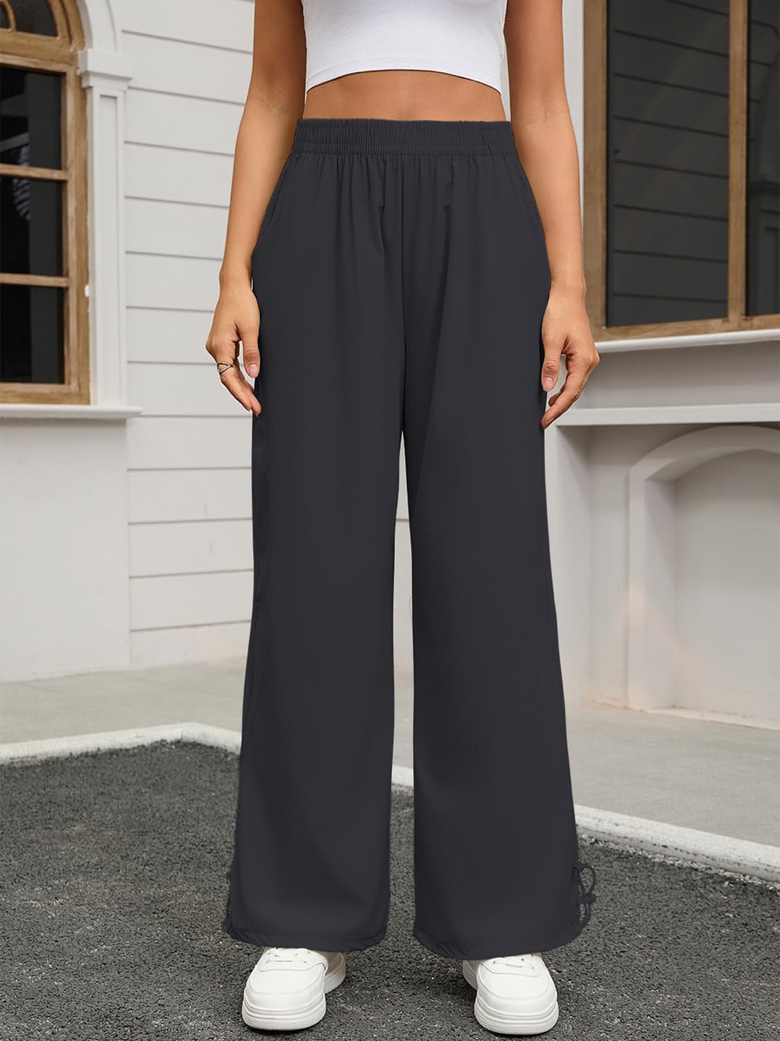 ZFLM Women's Elastic Waist Sports Pants Loose Casual Travel Pants Wide Legs High Waist Fitness Pants with Pocket - Image 2
