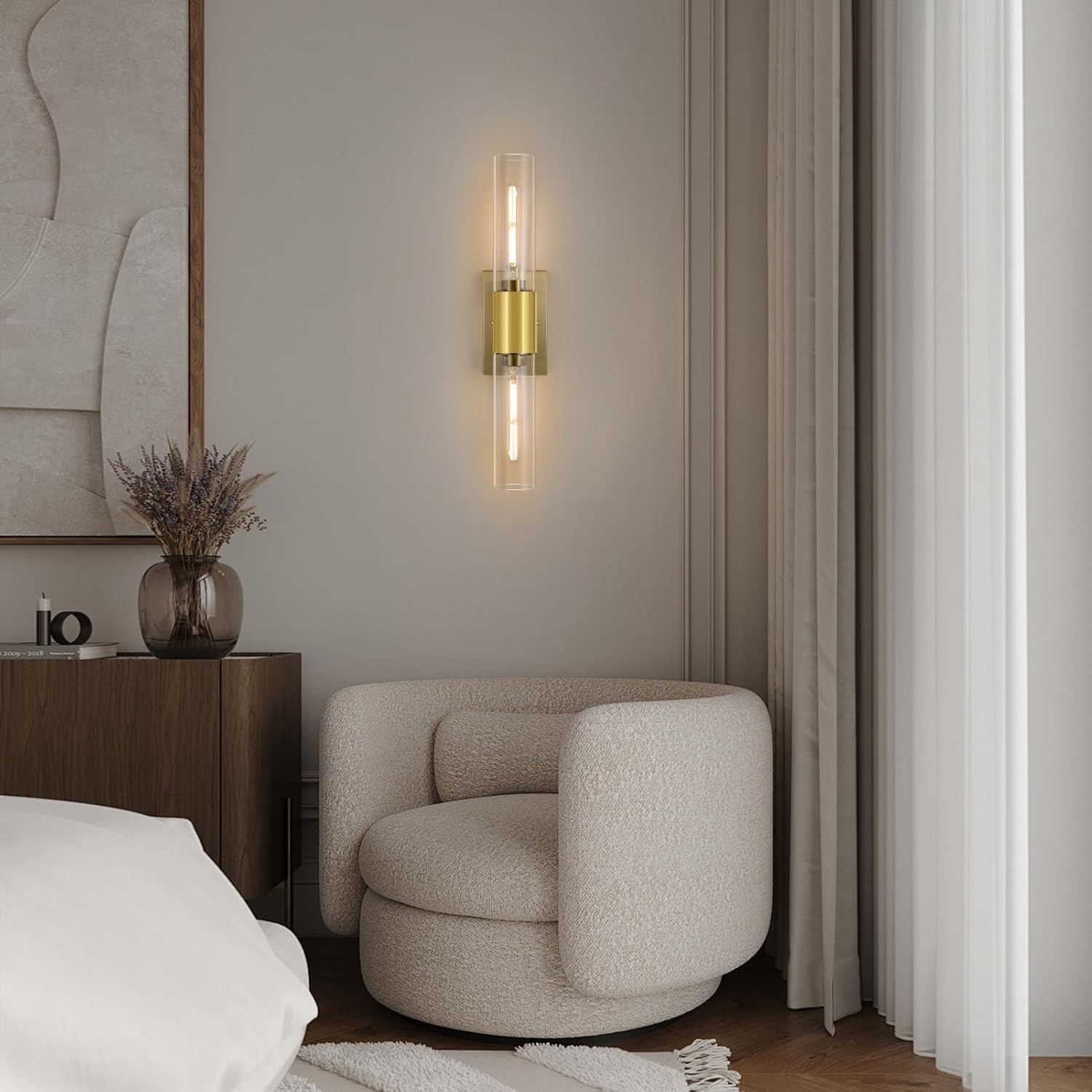 21" Gold Wall Sconces Set of Two, 2-Light Bathroom Sconces Vanity Light Tube Sconce, Clear Glass Indoor Hardwired Mounted Wall Lighting for Living Room,Bedroom,Hallway-Gold Clear (Bulb Not Included)