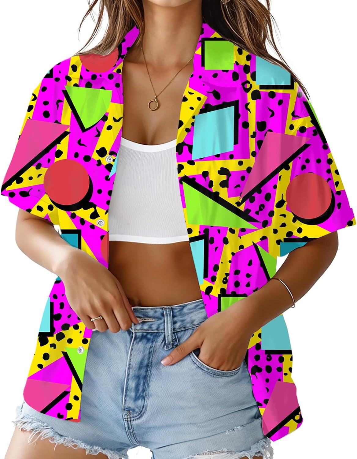 HUGLAZY 80s Outfit for Women 80s Shirt Hawaiian Short Sleeve Neon Party Outfit Retro 90s Costume Blouse Tops