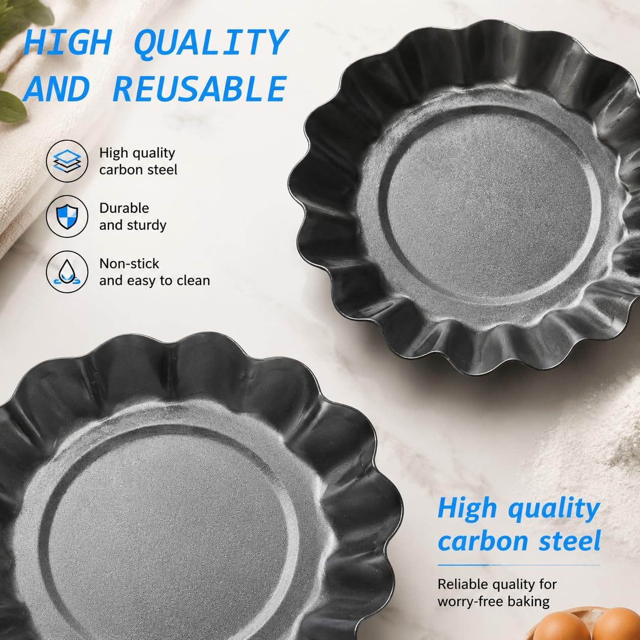 DaKuan 12 Packs Egg Tart Mold, Cupcake Cake Muffin Mold Mini Pie Pans Tin Pan Baking Tool, Carbon Steel- 2.6 Inch
