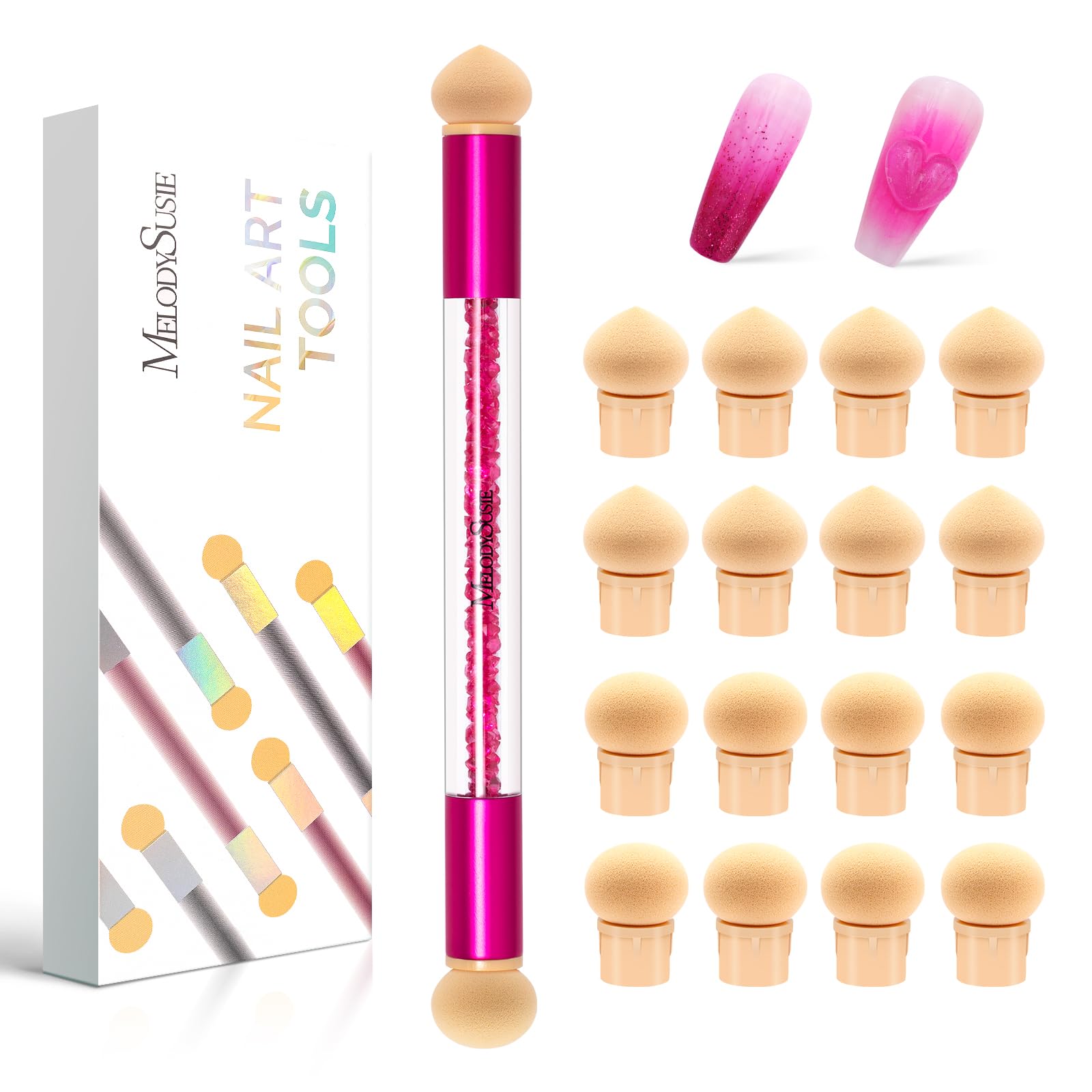 MelodySusie Ombre Gradient Nail Sponge Pen, Double Tip Sponge, 16 Pieces Replaceable Sponge for Nail Art Tools for Home and Salon Use - flower butterfly lily:pink