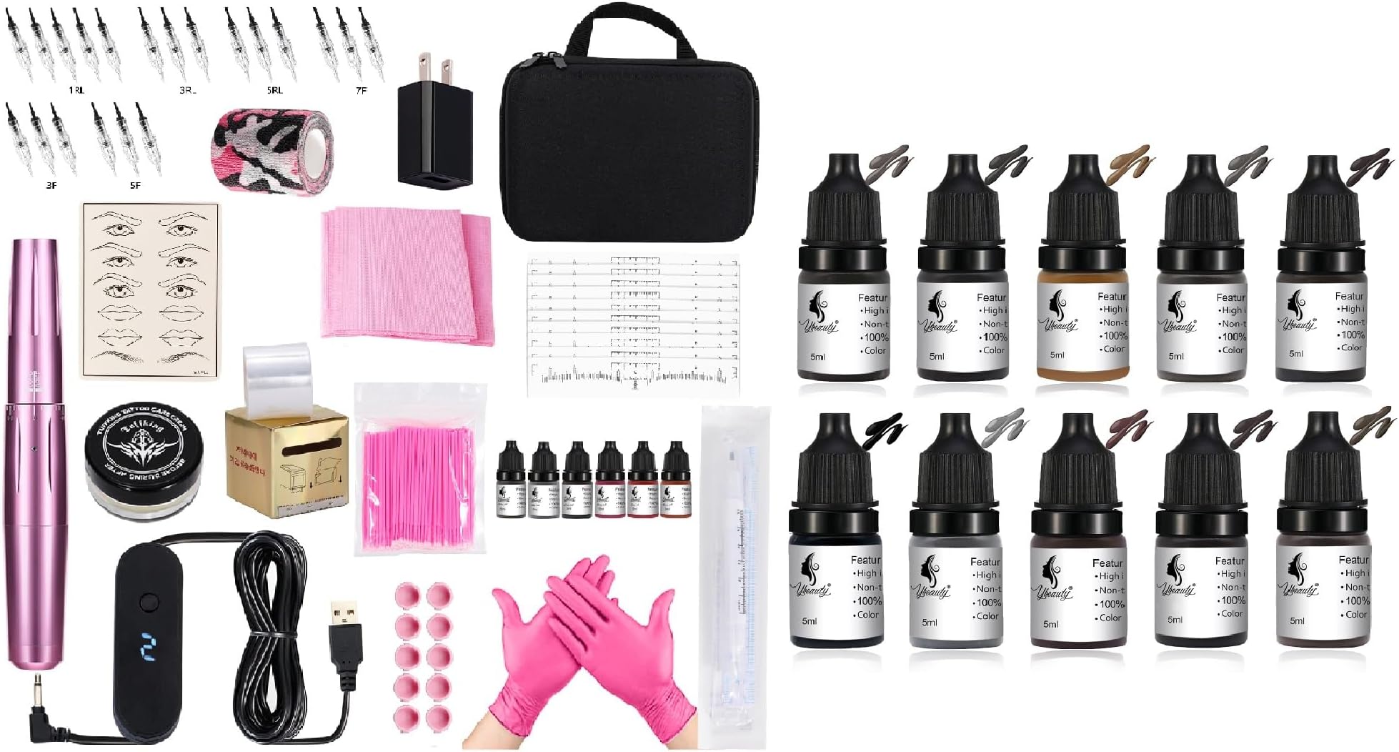 Eyebrow Makeup Tattoo Kit for Eyebrow Lip Eyeliner Complete Rotary Tattoo Pen Machine Kit with 20pcs Cartridge Needles Microblading Supplies 16pcs Tattoo Inks for Artists