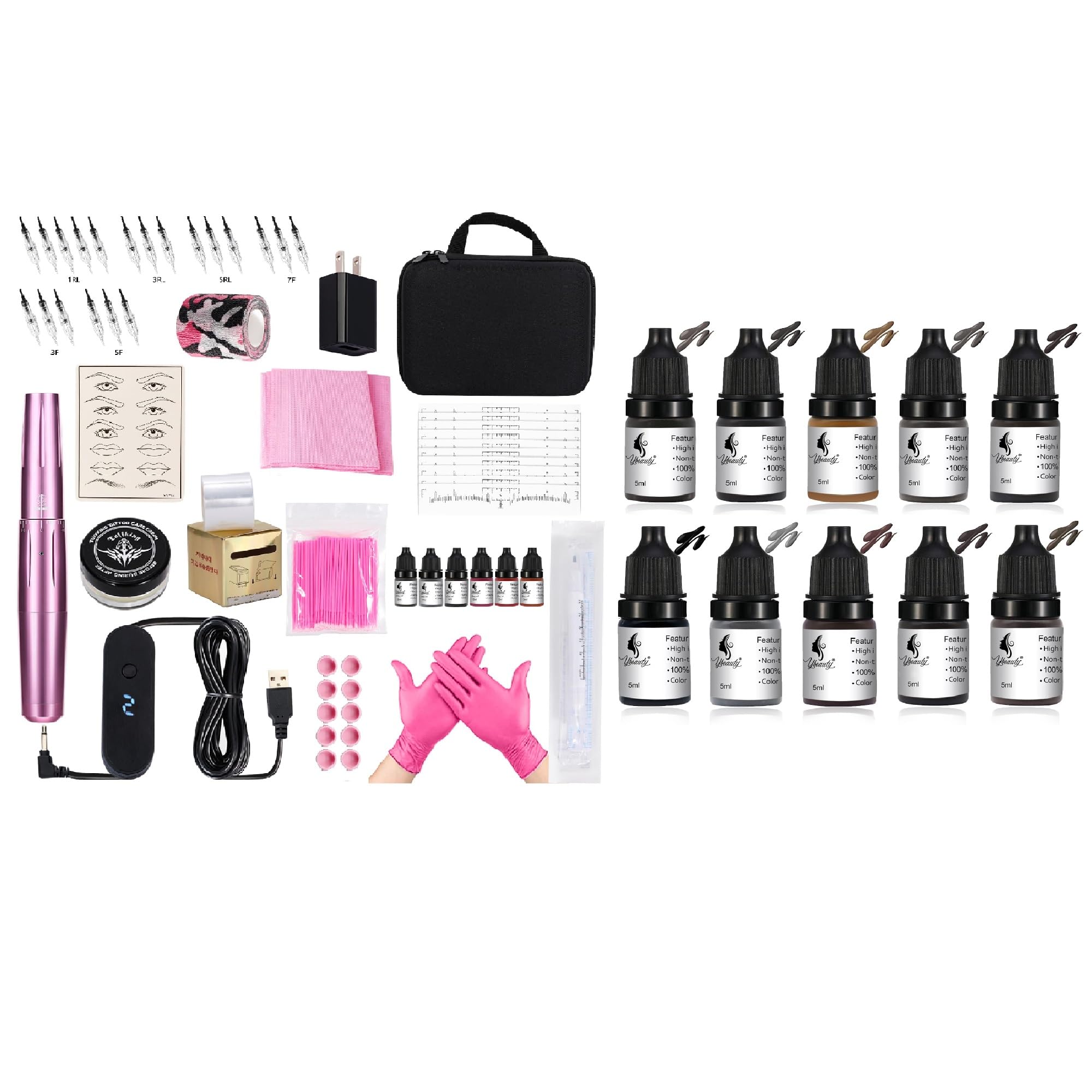 Eyebrow Makeup Tattoo Kit for Eyebrow Lip Eyeliner Complete Rotary Tattoo Pen Machine Kit with 20pcs Cartridge Needles Microblading Supplies 16pcs Tattoo Inks for Artists