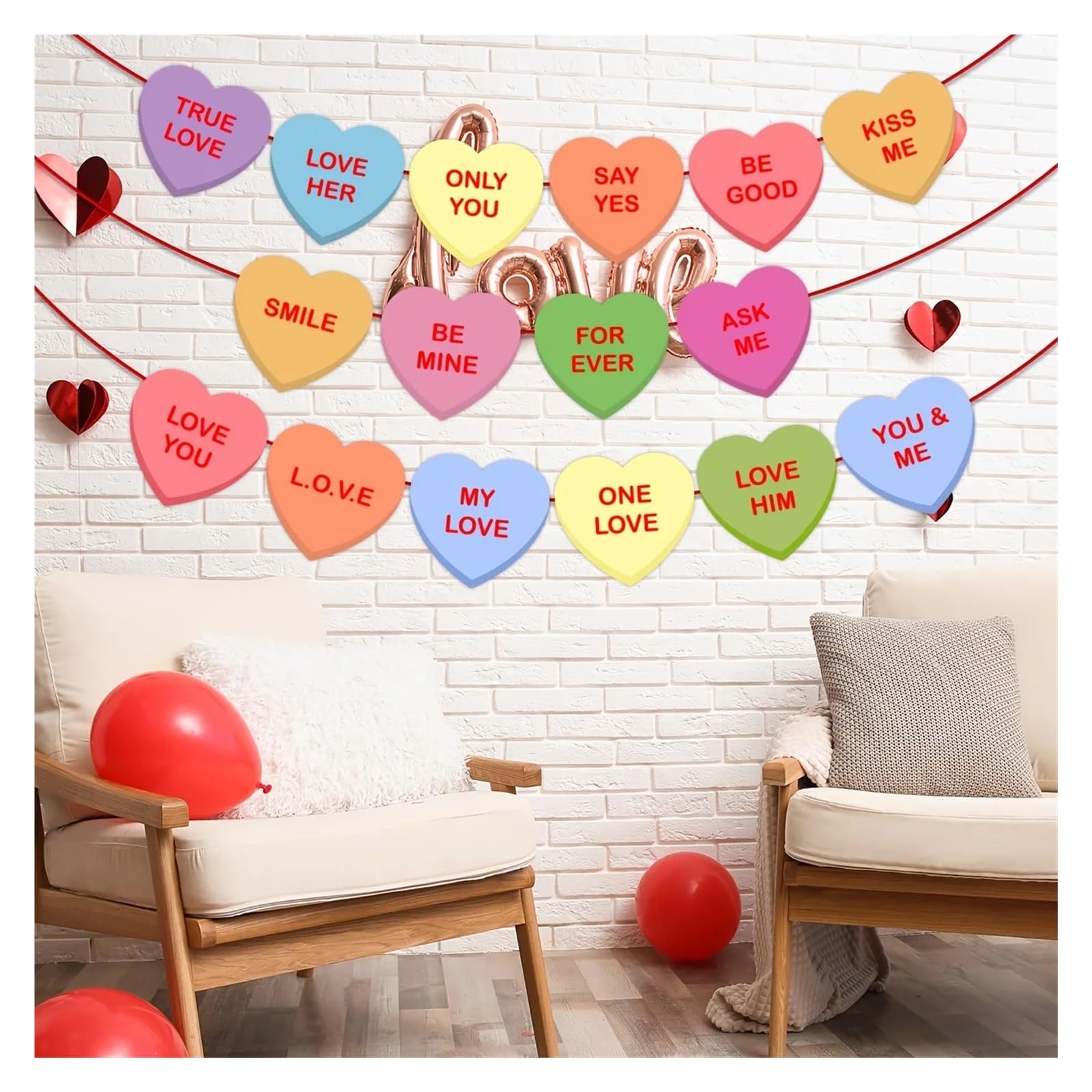 Guirlande bannières cœur Saint-Valentin et décoration murale cœurs colorés