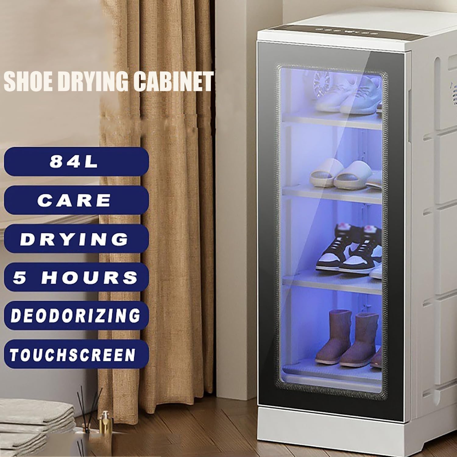 Armadio Asciuga Scarpe, Asciugatore per Scarpe a Temperatura Costante di 60°, Grande capacità di 84 Litri, può Contenere 6-8 Paia di Scarpe, Design a 4 Livelli, Funzione Deodorante