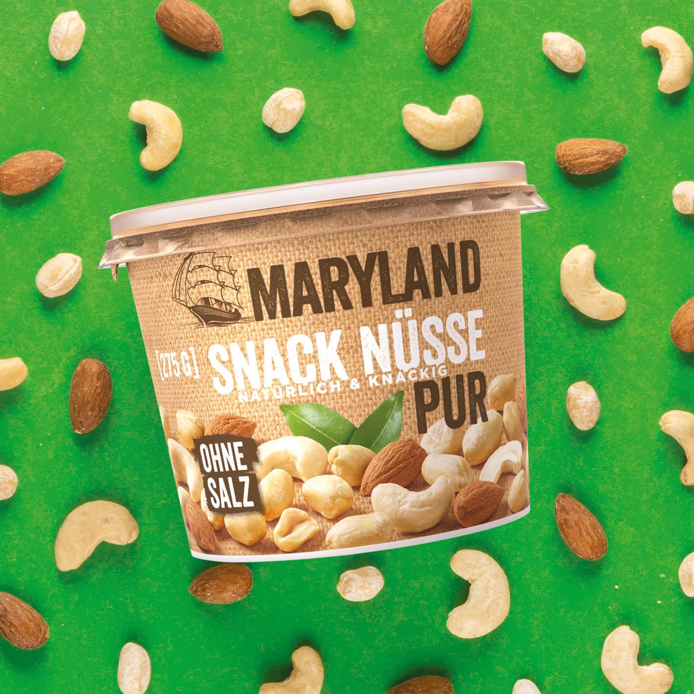 Maryland Snack Nüsse Pur 275g Becher Vorratspack - Erdnüsse, Cashewkerne und Mandeln in Nussmischung - Geröstet & ungesalzen - wiederverschließbarer Becher (6 x 275 g)
