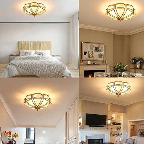 Miniatura 5 de Lámpara de techo retro de latón americano, lámpara de techo de forma redonda con pantalla de vidrio esmerilado (17.71 pulgadas de ancho)