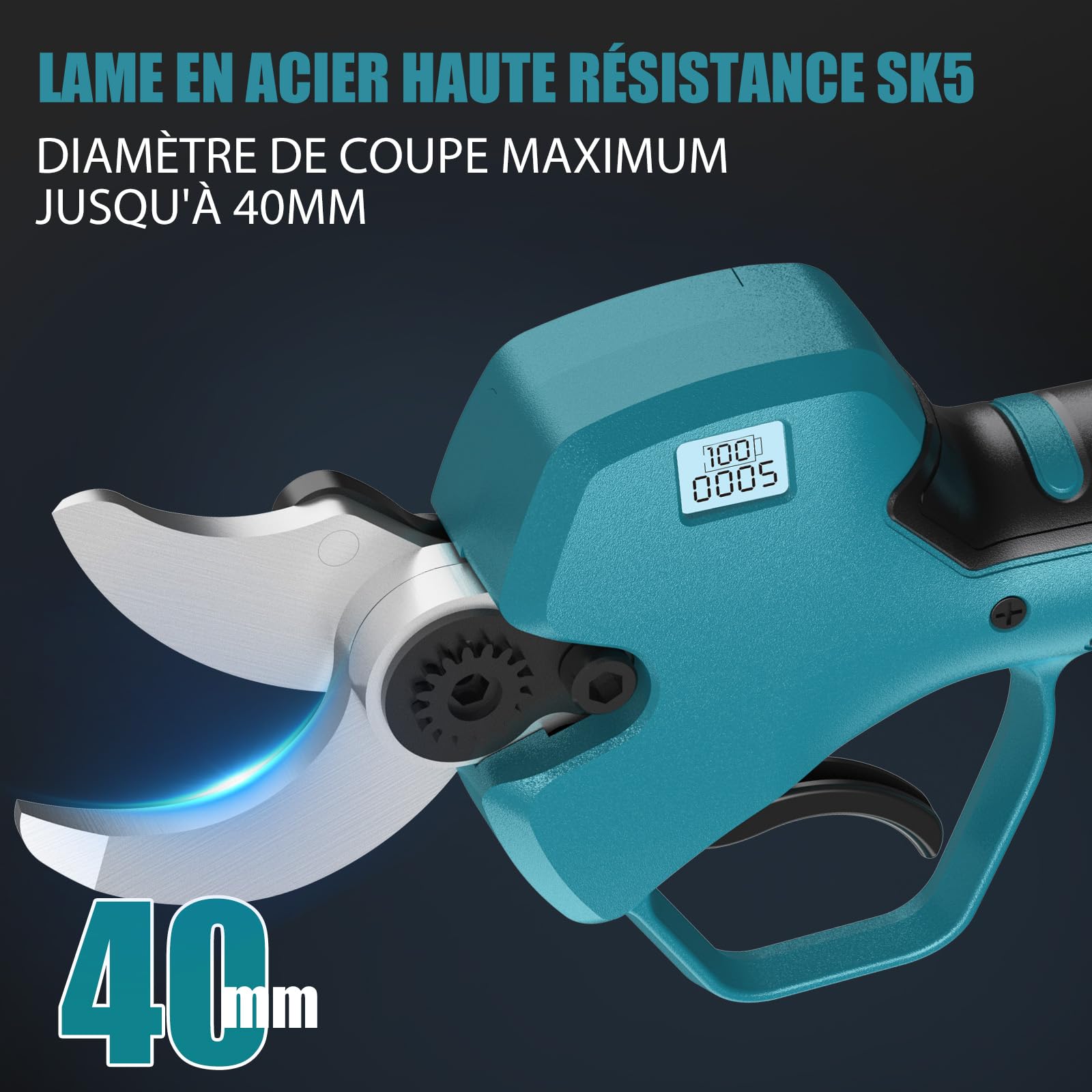 Sécateur Électrique Sans Fil, 40mm Secateur Electrique Professionnel avec 21V/2X2000mAh Batterie et Moteur Sans Balais Ciseaux de Jardinage Professionnel, LCD Display Bildschirm