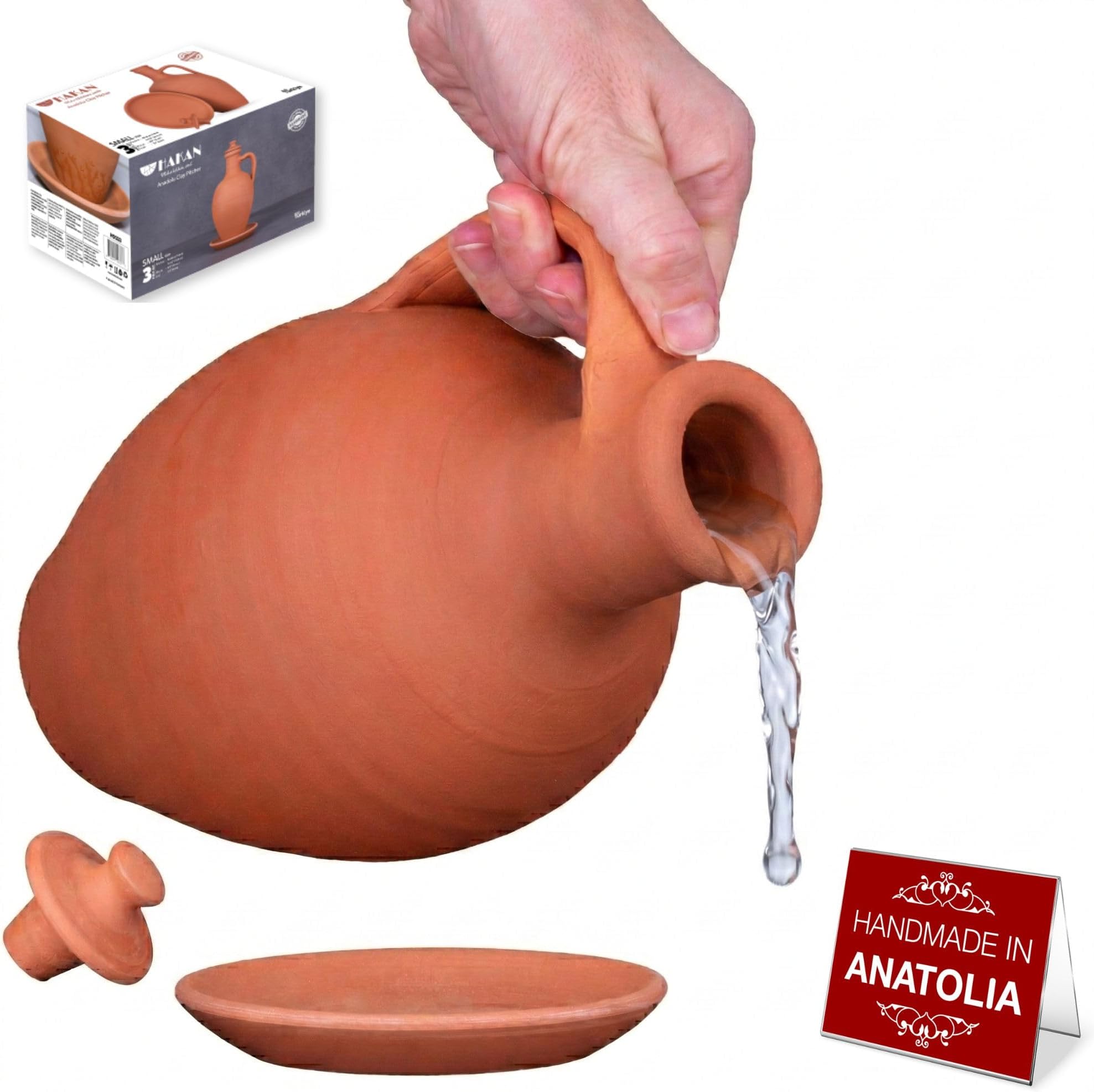 Hakan Anadolu Natural Clay Water Pitcher Set | Unglazed Terracotta Water Carafe & Plate | Traditional Small Mud Jug | Pottery Jar for Drinking Water (Small - 51 oz)