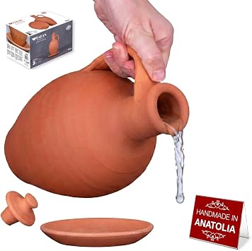 Hakan Anadolu Natural Clay Water Pitcher Set | Unglazed Terracotta Water Carafe & Plate | Traditional Small Mud Jug | Pottery Jar for Drinking Water Small - 51 oz