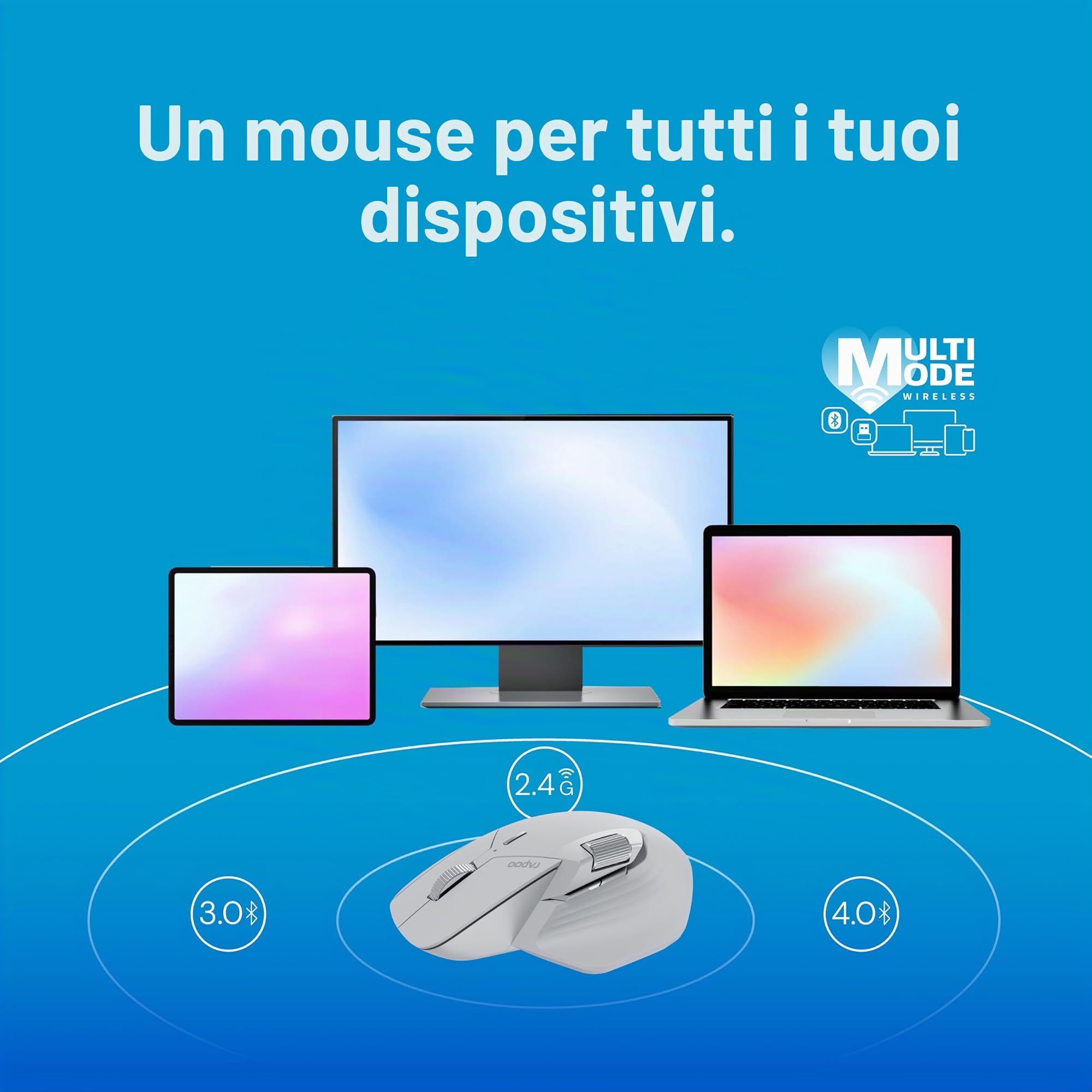 Rapoo MT760L mouse wireless wireless 4000 DPI sensore batteria ricaricabile ecologica ergonomica PC & Mac - grigio nero