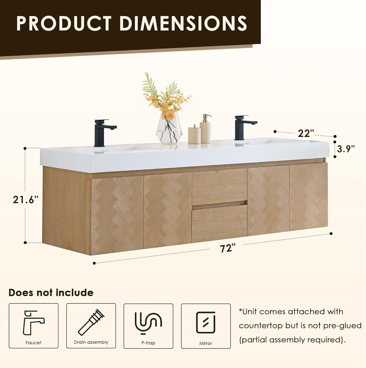72 Inch Floating Sink Bathroom Vanity Wall Mount Double Vanities Overflow Mordern Large Storge Cabinet with Ceramic Countertop Double Soft Closing Drawers Pre-Assembled
