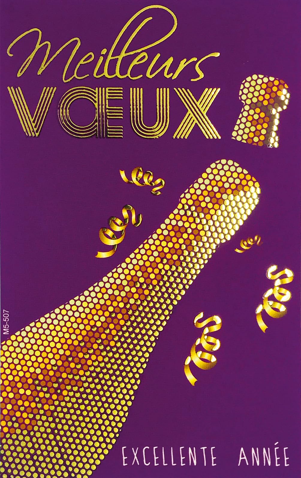 M5-507 Set of 5 Identical Best Wishes Cards in Golden Gold 13.5 x 8.5 cm + 5 White Envelopes 14 x 9 cm Happy New Year Wishes January Champagne Bottle and Cork - Image 4