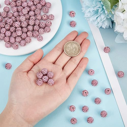 Miniatura 3 de PH PandaHall Alrededor de 100 cuentas de diamantes de imitación rosas de 0.394 pulgadas (0.394 in) cuentas de arcilla rosa de polímero de arcilla