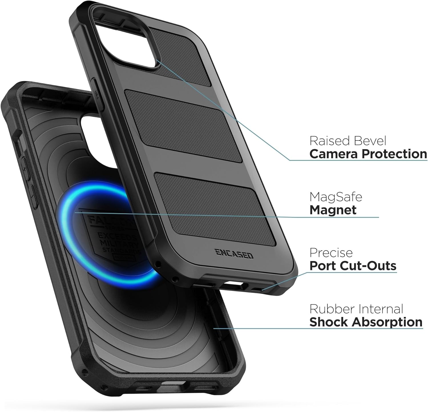 Encased Rugged Belt Case for iPhone 15 Plus (2023) with Phone Holster Clip - [Military Grade] Shockproof Cover - Compatible with MagSafe (Black)