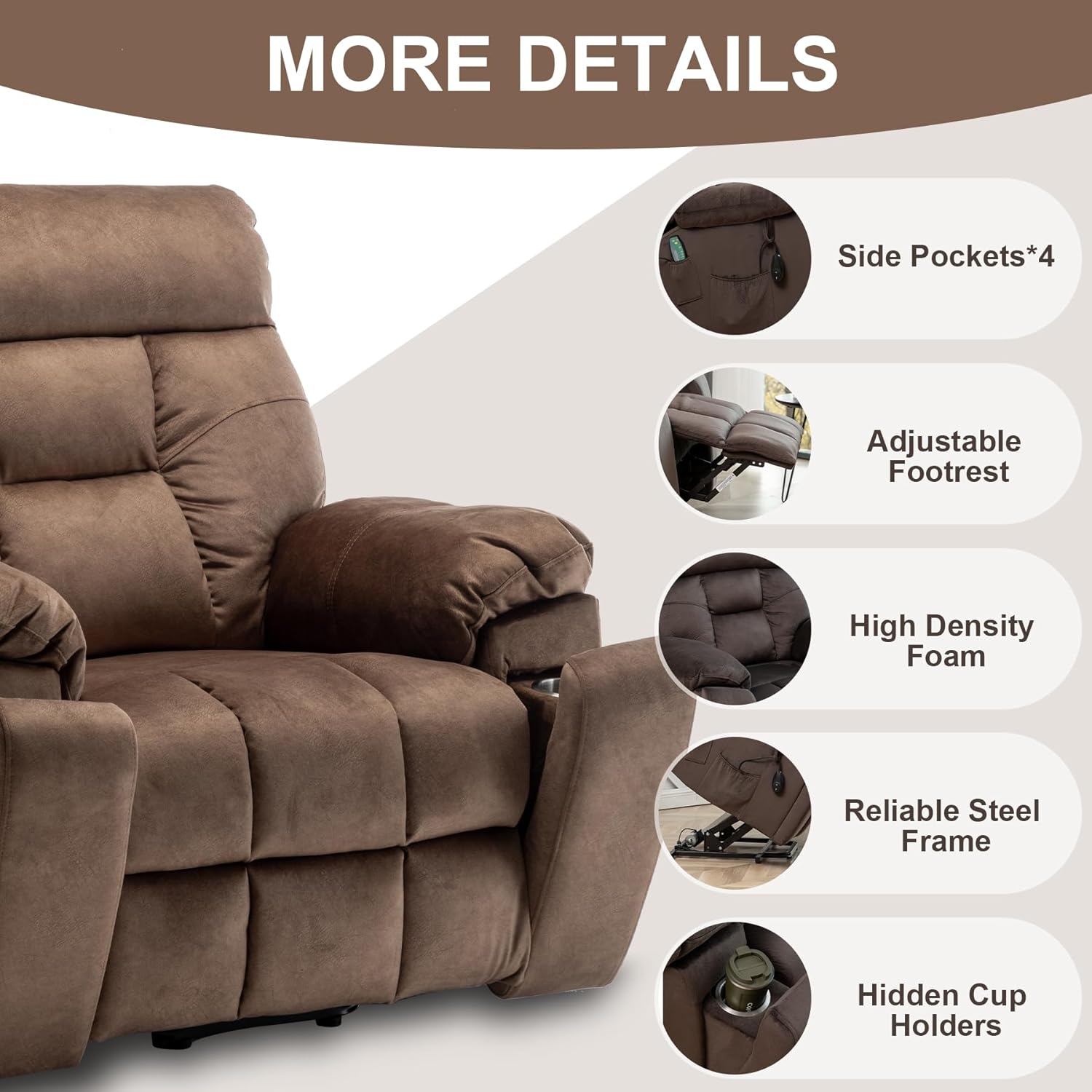 Oversized Lift Recliner Chairs for Big and Tall Adults, 26-inch Extra Wide Power Chair with Massage and Heating, Large Lay Flat Electric Recliner Sofa Chair, Coffee