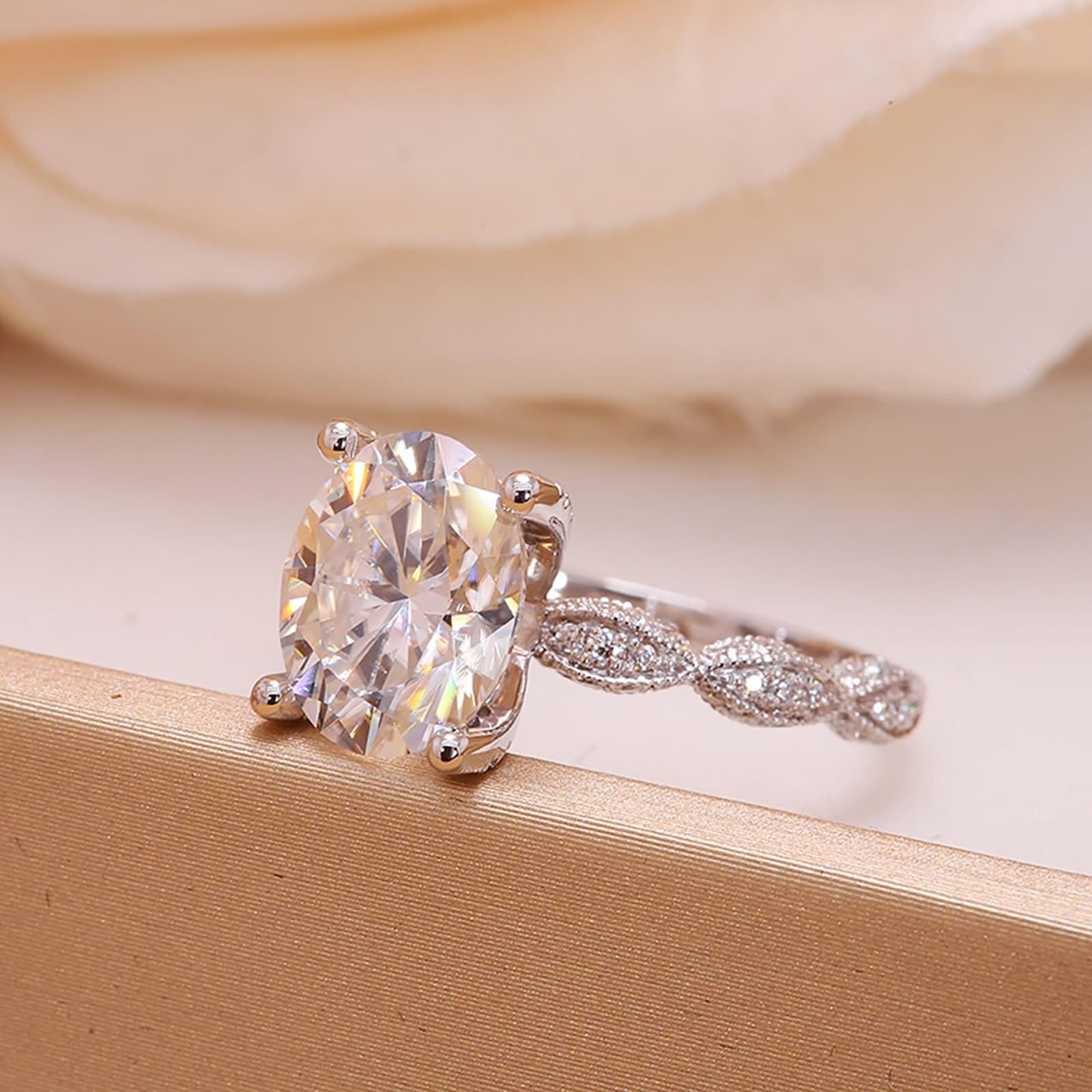 Złote pierścionki damskie, prawdziwe białe złoto, owalne, 4 ct, moissanit, pierścionki damskie, pierścionek zaręczynowy, 14 K/18 K, obrączki ślubne dla kobiet