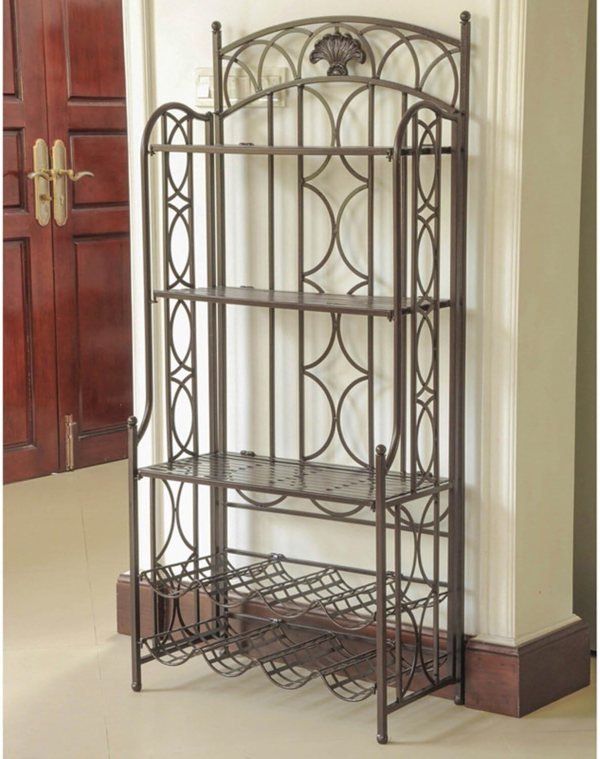 Pemberly Row Iron Bakers Wine Rack, Antique Black Finish, 59" H x 26" W x 14" D, Folding Design with 3 Display Shelves, 8 Bottle Storage, Indoor/Outdoor Use, Water Resistant for Kitchen, Patio,