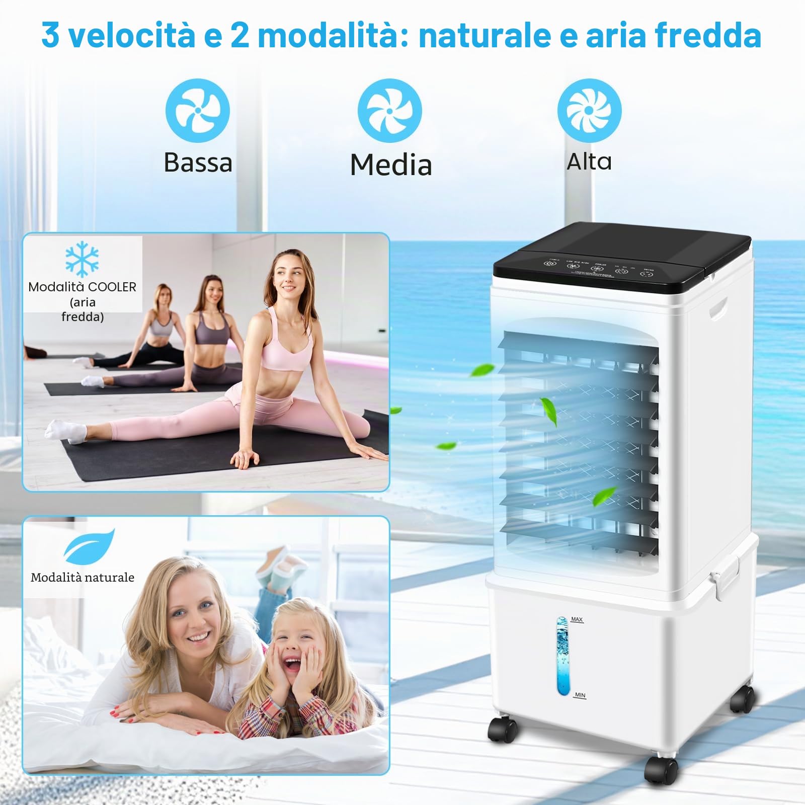 Climatizzatore senza tubo di scarico, 10 L, 60 W, condizionatore d'aria mobile con timer da 12 ore, 40 dB, oscillazione a 120°, serbatoio dell'acqua rimovibile, telecomando, silenzioso, portatile, per