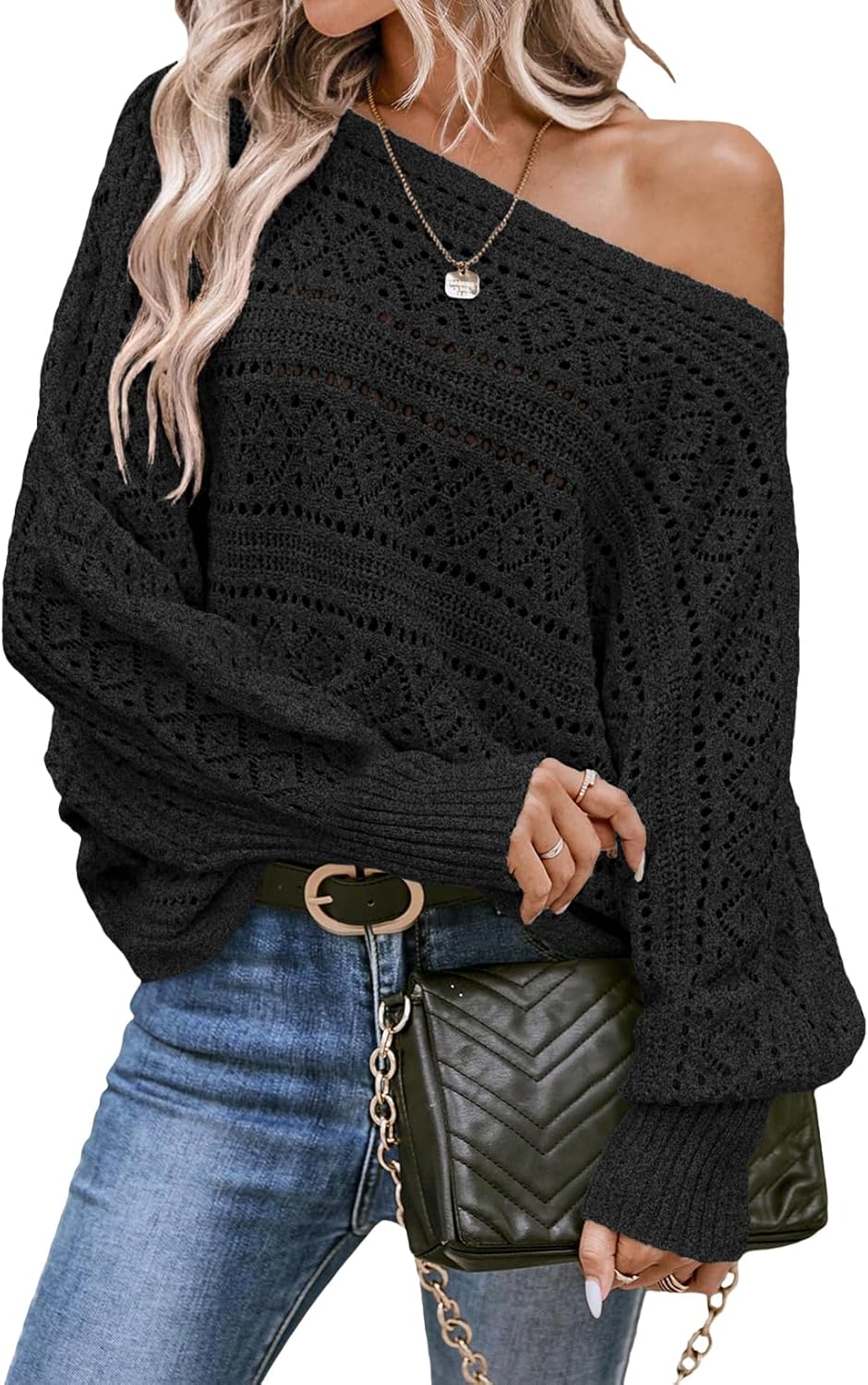EVALESS Women's Crochet Boat Neck Long Sleeve Loose Fit Sweaters Fall Winter Clothes for Women Fashion 2025