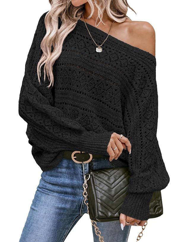 EVALESS Womens Sweaters Loose Hollow Out Crochet Sweater Tops,Black,L by EVALESS - Used condition - US$25.59