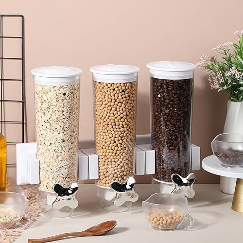 Miniatura 7 de Nitial Dispensador de cereales montado en la pared de 4.5 L, dispensador de granos triple para máquina de dulces con taza, contenedor de