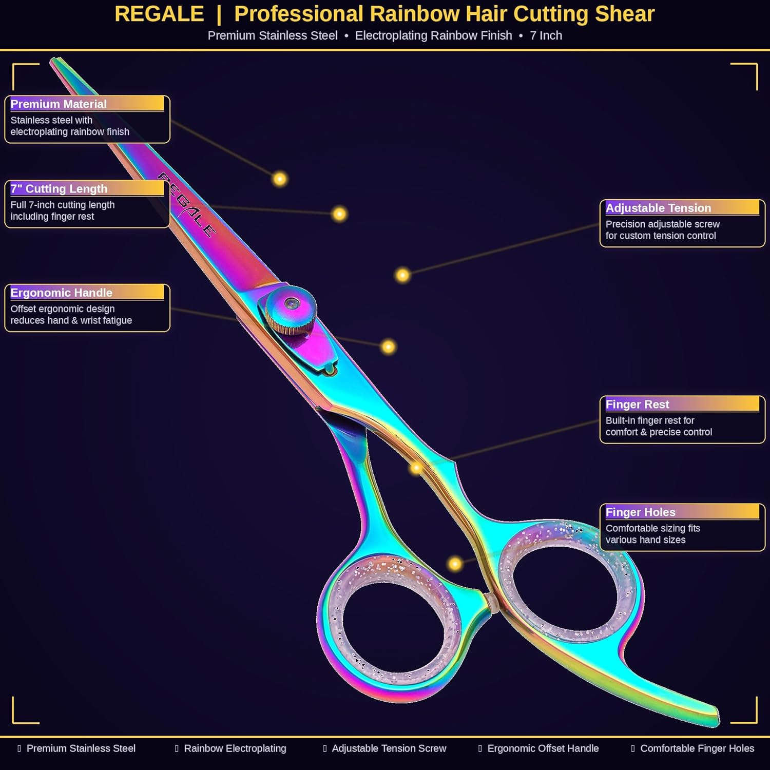 Regale Rainbow Titanium Hair Cutting Set – 6″ & 6.5″ Stainless Steel Scissors, Thinning Shears, Folding Razor & Zipper Case – Barber Salon Kit with Colorful Coated Blades