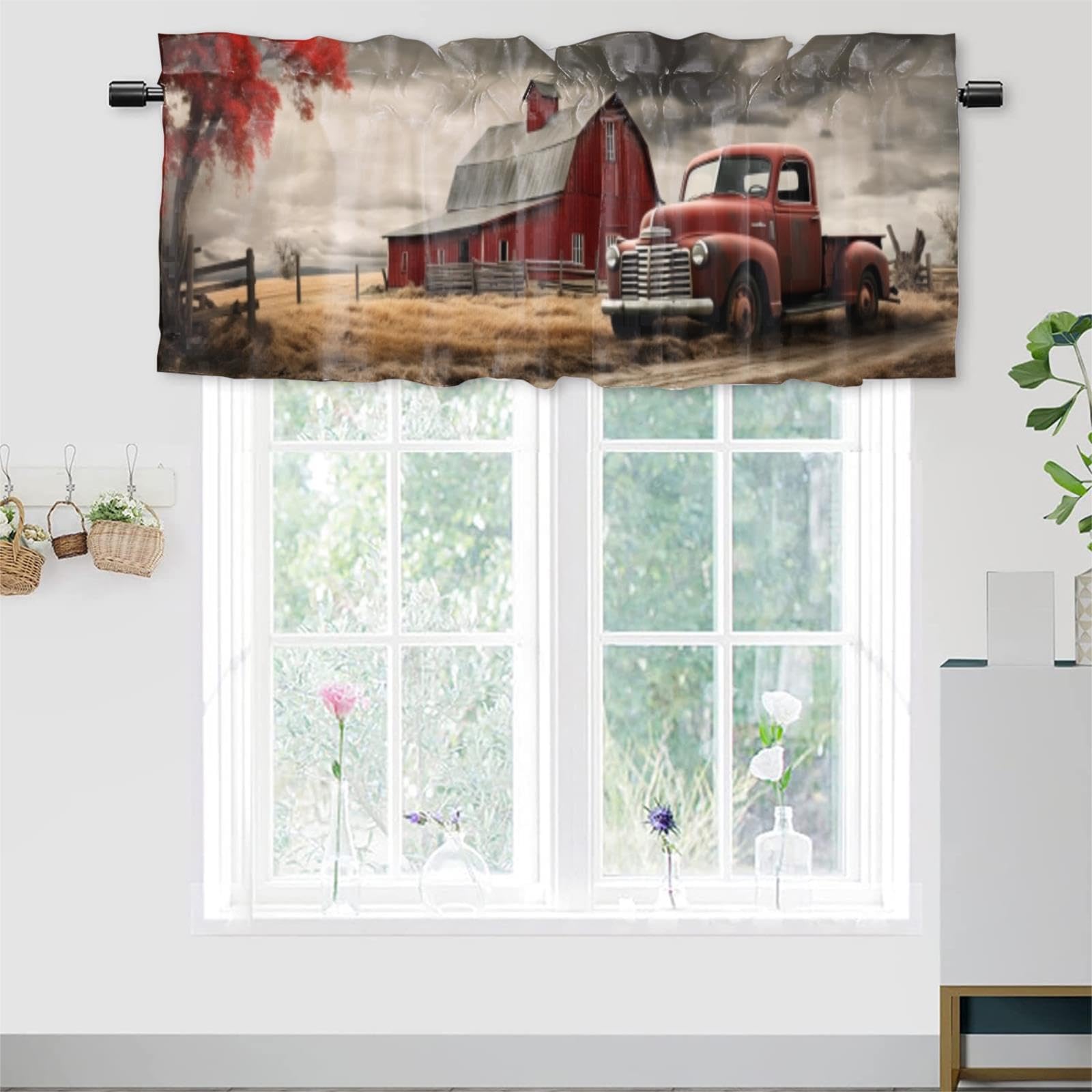 Dabuniu Vintage Red Truck Blackout Valance Curtain for Kitchen Farmhouse Old Barn Rustic Country Farm Truck Rod Pocket Valances for Bedroom Living