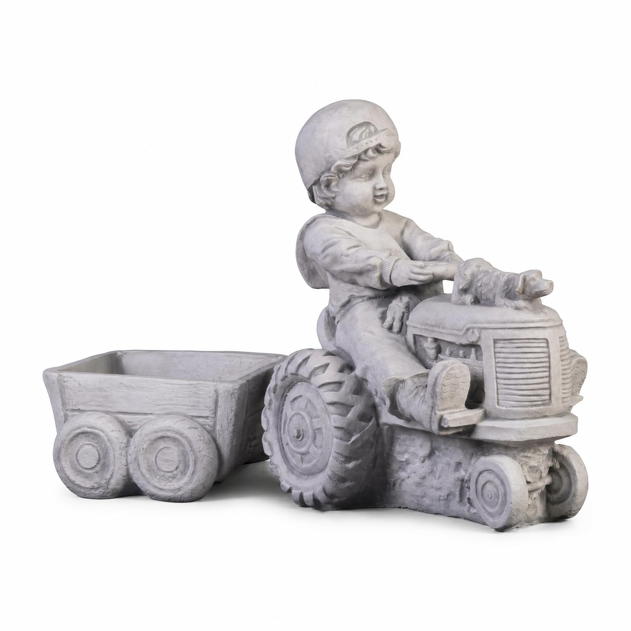 gartendekoparadies.de Gartendeko Junge mit Traktor und Anhänger als Pflanzgefäß, Steinguss Grau, H 32 cm, ca. 0,7 l, ca. 14 kg, frostfest bis -30 °C