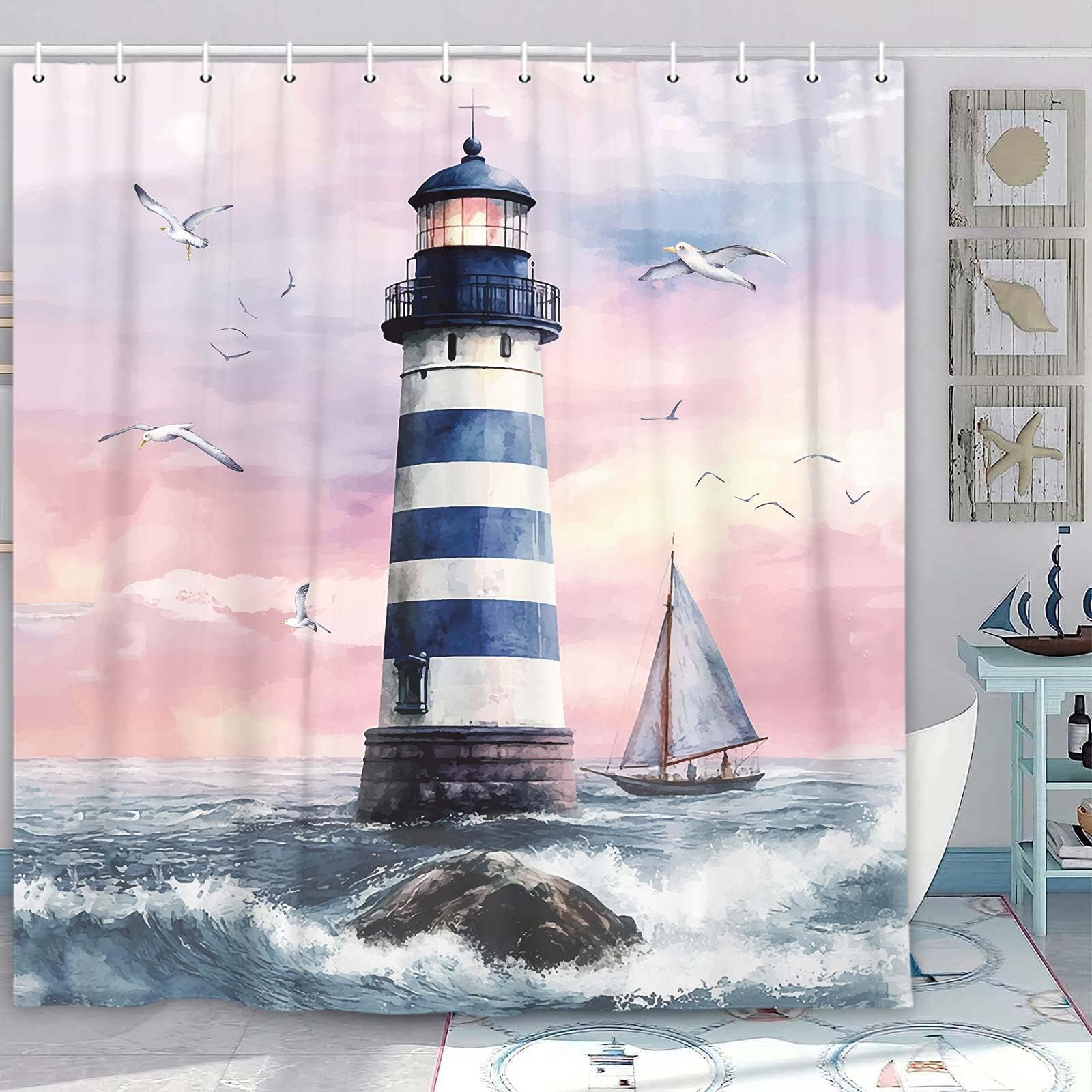 Nautical Lighthouse Shower Curtain, Ocean Beach Sailboat Lighthouse Seascape Shower Curtain Nautical Abstract Bathroom Decor, Seasides Shower Curtain Pink Blue Teal Decor with 12PCS Hooks, 70X70IN