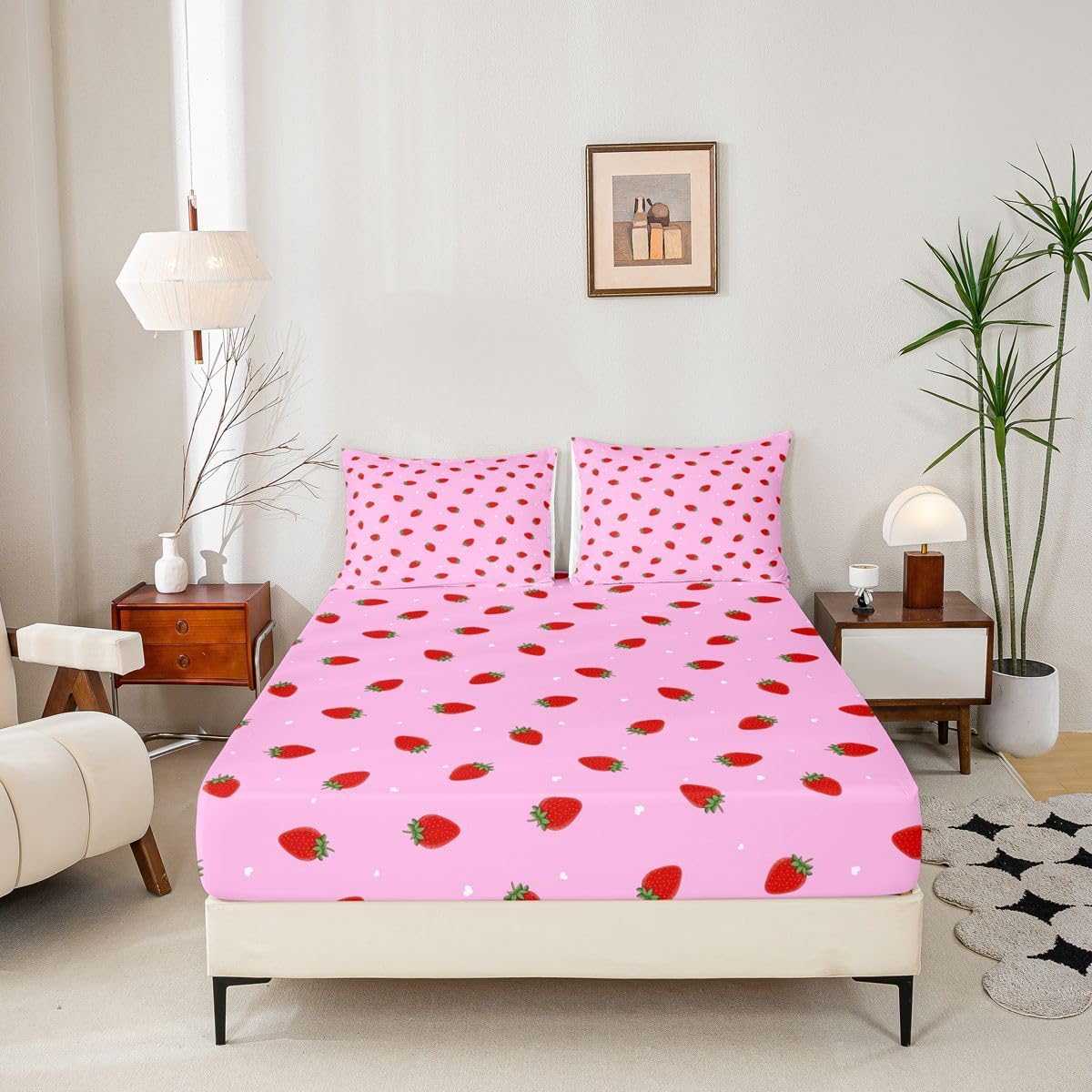 Strawberry Bedding, Kawaii Room Decor Fitted Sheet for Women Girls Kids Kawaii Bedding,Pink Kawaii Strawberry Decor Fitted Bed Sheets,with 1 Kawaii Duvet Cover+ 2 Strawberry Pillowcases, Full Size