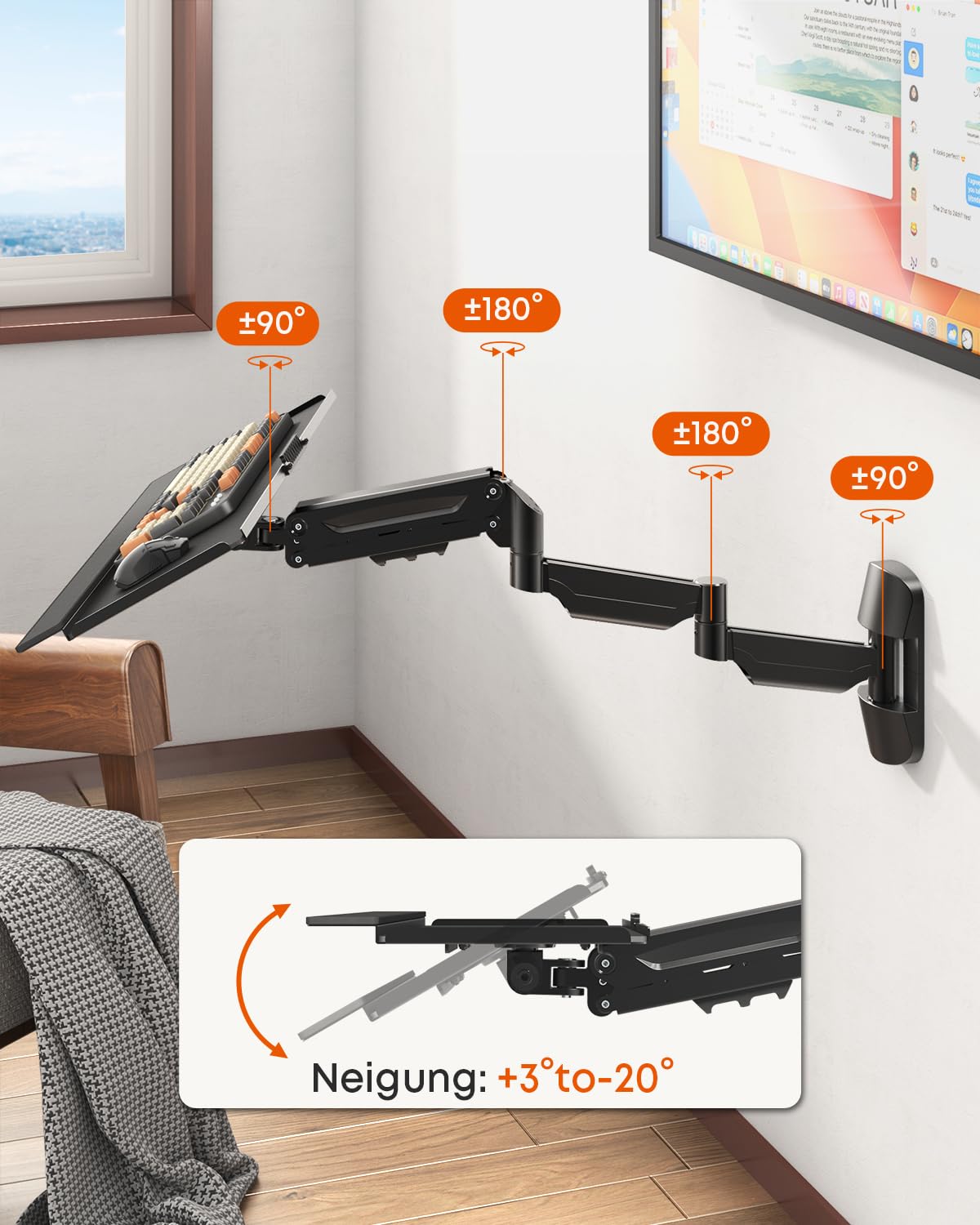 Extra Langes Wandhalterung Tastaturablage 65,4cm – Vollbewegliche Schreibplattform mit Gasfederarm, Schwenkbar & Höhenverstellbar, Tragfähigkeit bis 9 kg, Schwarz