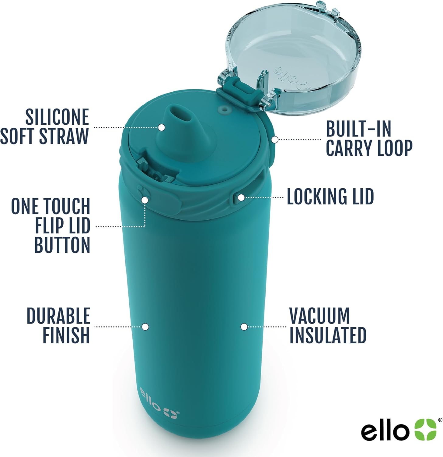 Ello Cooper 40oz Stainless Steel Water Bottle with Straw and Carry Handle, Double Walled and Vacuum Insulated Metal, Leak Proof Locking Lid with Soft Silicone Spout, Reusable, BPA Free, Antigua - Image 3