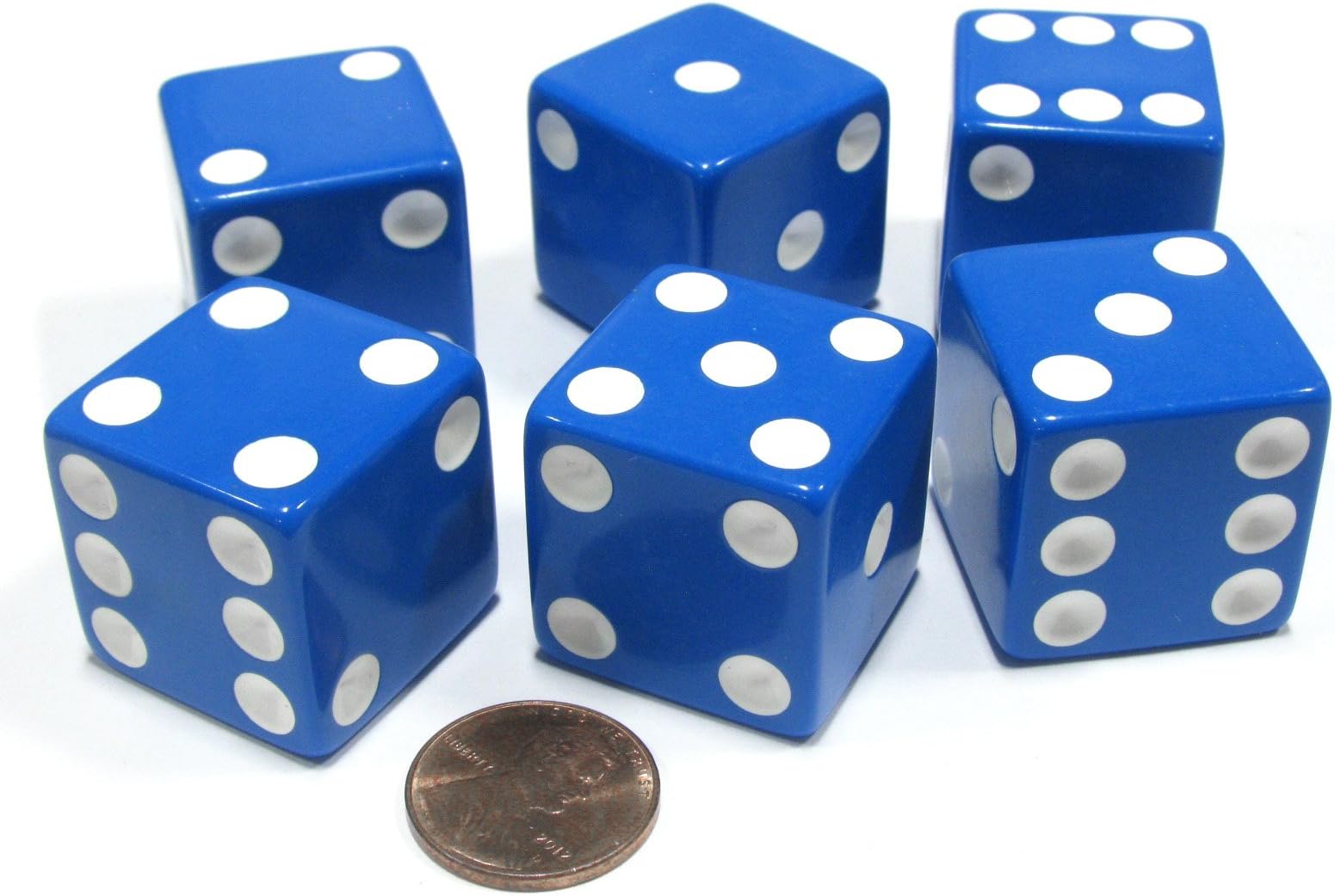 Set of 6 D6 25mm Large Opaque Jumbo Dice - Blue with White Pip