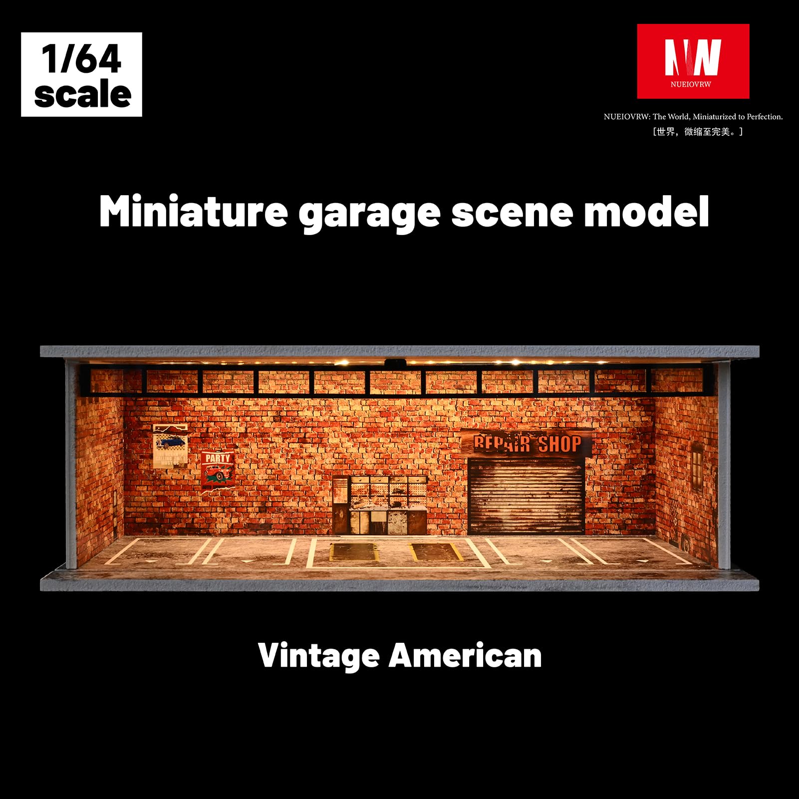 Diorama 1/64 modello auto garage, illuminazione a LED, vetrina per parcheggio, in mattoni rossi, modellini di auto pressofuso, kit modello diorama (garage vintage)