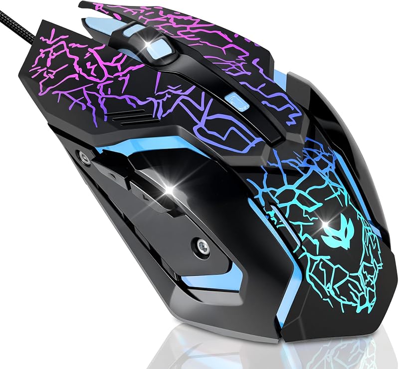 Wired Gaming Mouse,Ergonomic Optical Gaming Mice with 7 Color LED Backlight, 4 DPI Settings Up to 3600 DPI Computer Wired USB Mouse for Laptop/mac, 6 Buttons, Black