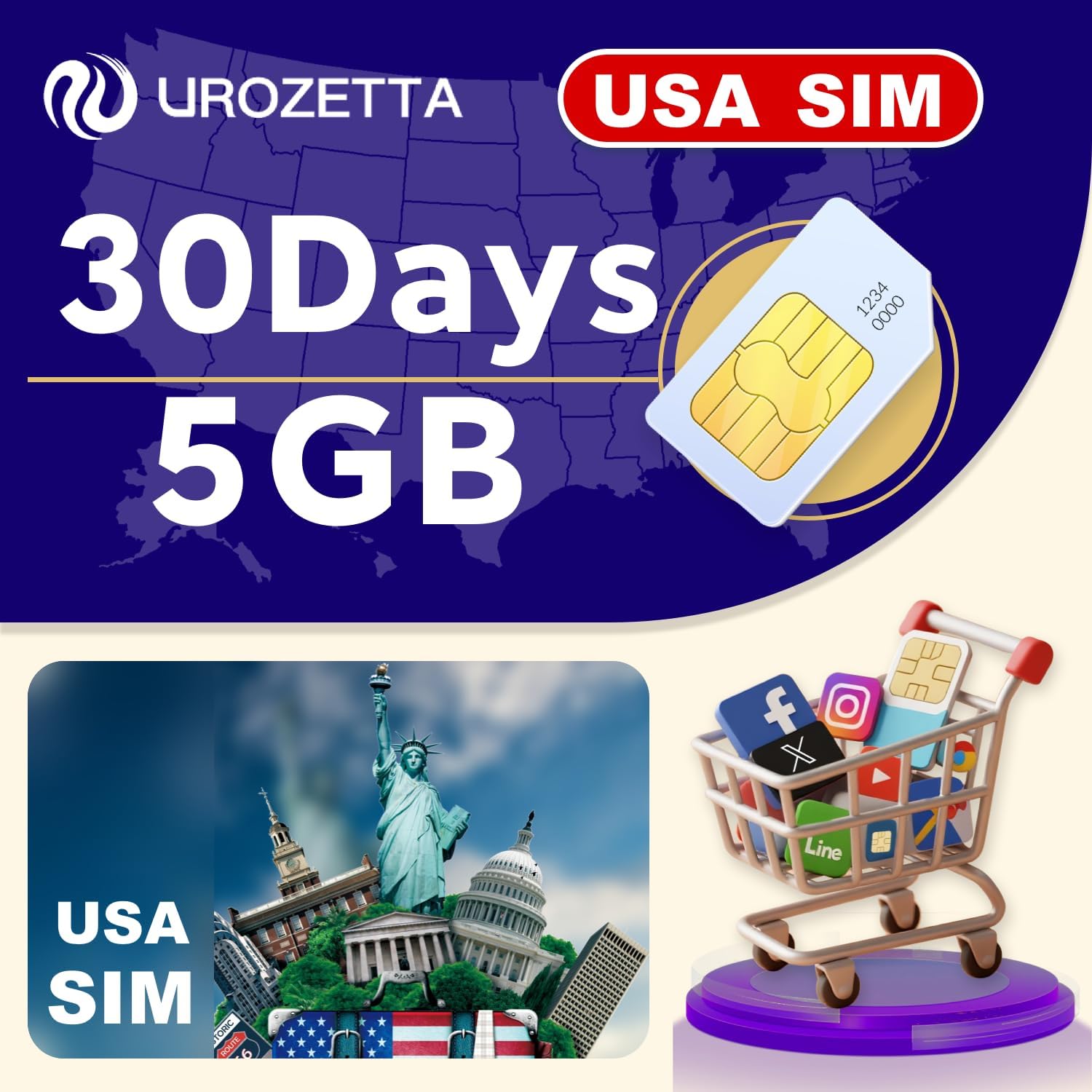 Prepaid SIM Card USA 15GB for 30 Days | 4G LTE High Speed + Mobile Hotspot Included | UROZETTA 3-in-1 SIM (Standard/Micro/Nano) | No Contract, Data Only | Works Nationwide - Easy Setup & Plug & Play