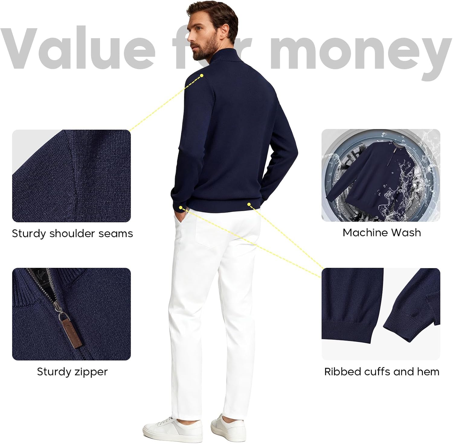 VPG Mens Quarter Zip Sweater, Regular Fit Lightweight Mock Neck Knit Texture Polo Long Sleeve 1/4 Zip Pullover - Image 4